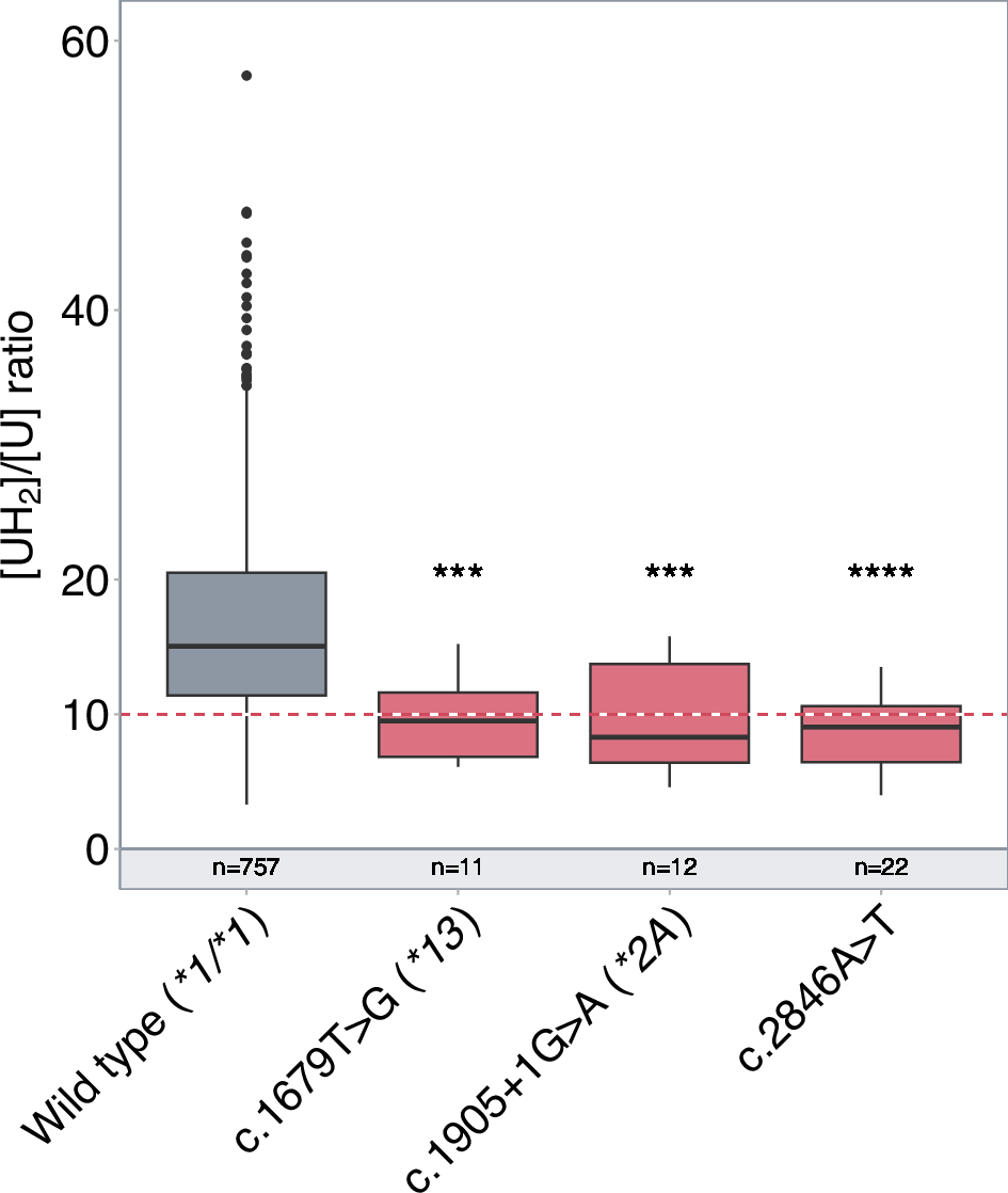 Fig. 1: Association between the most clinically relevant DPYD defective rare variants and DPD deficiency.