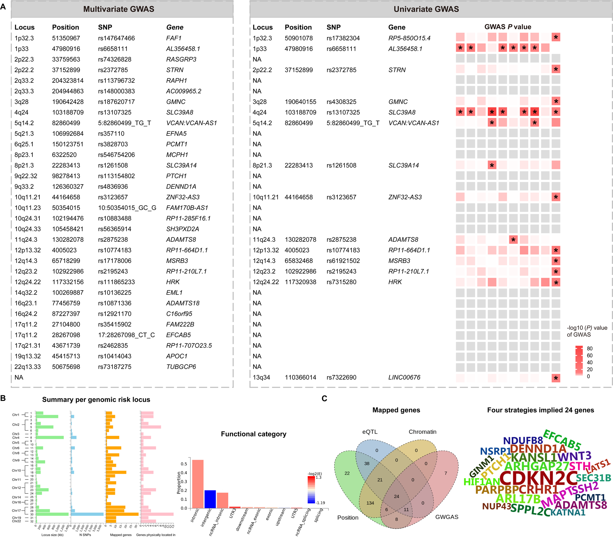 Fig. 3: The comparison of genetic loci between the multivariate and univariate GWAS, and functional annotation.