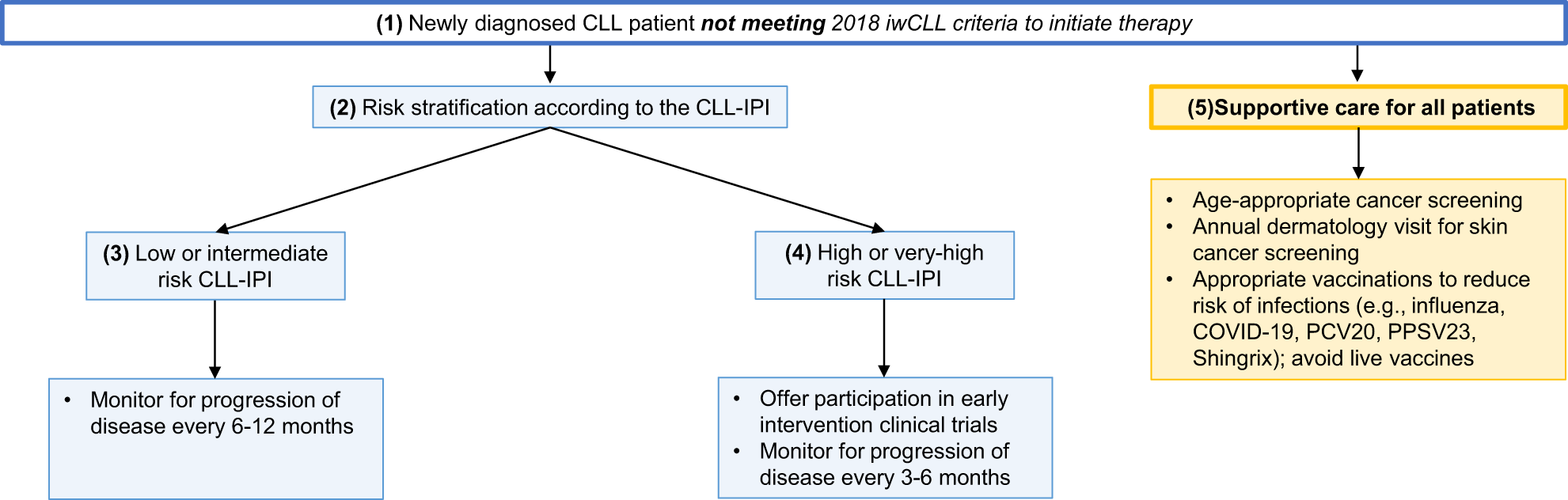 Fig. 1: Approach to the management of patients with newly diagnosed CLL who do not meet the 2018 International Workshop for Chronic Lymphocytic Leukemia (iwCLL) criteria for therapy.