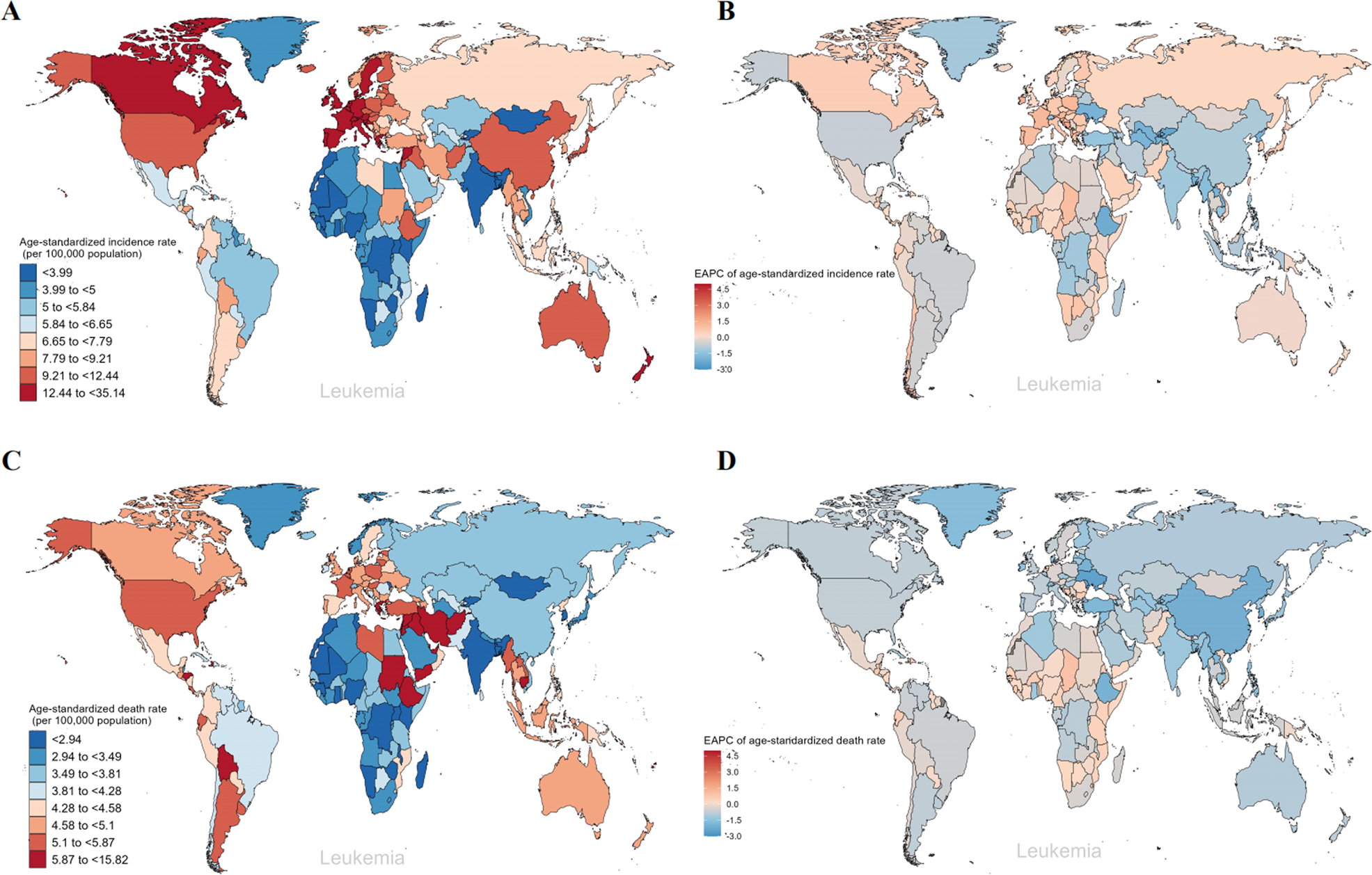 Fig. 4: The global trends of leukemia by countries and territories.