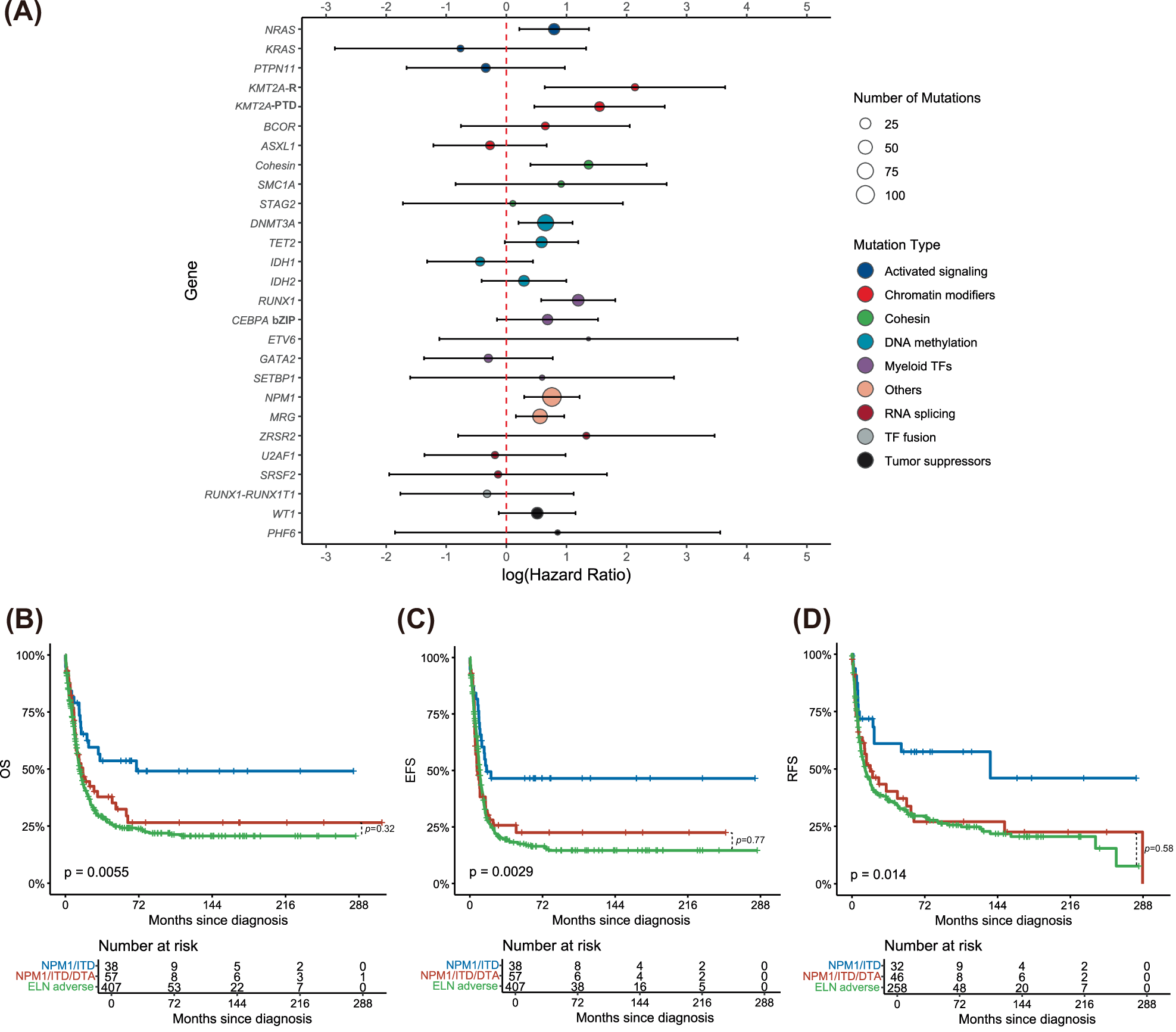 Fig. 1: FLT3ITD in molecularly defined AML subgroups and prognostic impact of co-occurring DNMT3A, TET2, ASXL1 (DTA) mutations in NPM1MUT/ FLT3ITD AML.