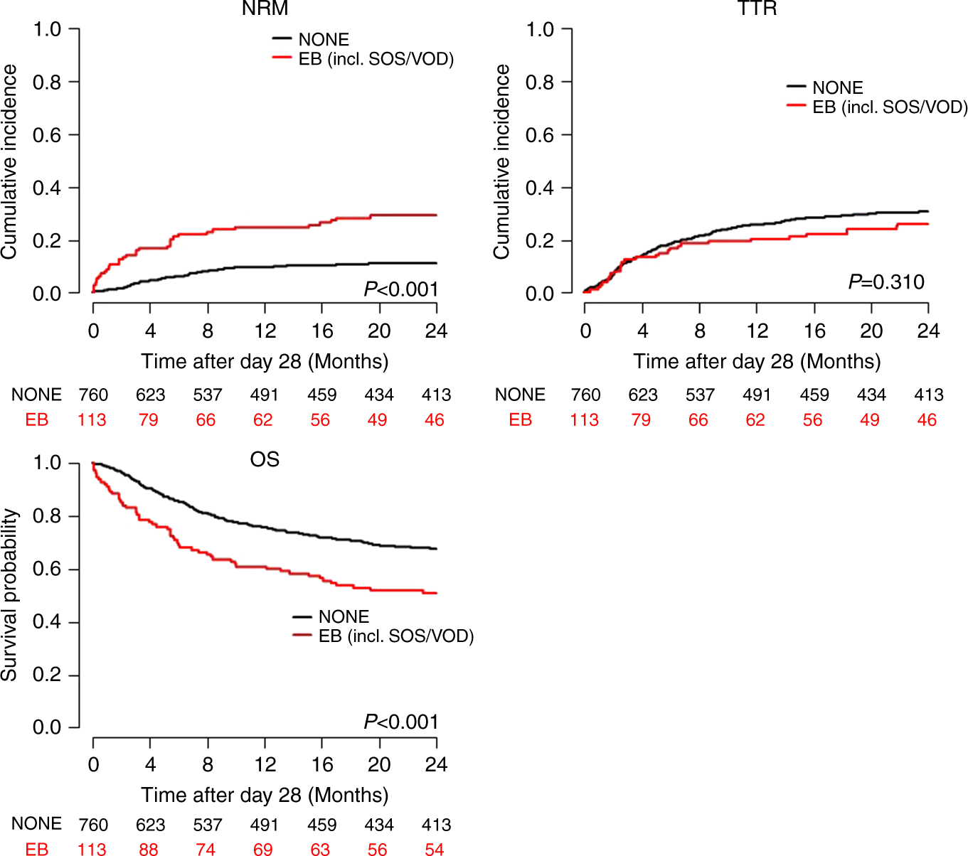 Fig. 1: Outcome after landmark (d + 28) of the training cohort (all patients, including those with SOS/VOD).