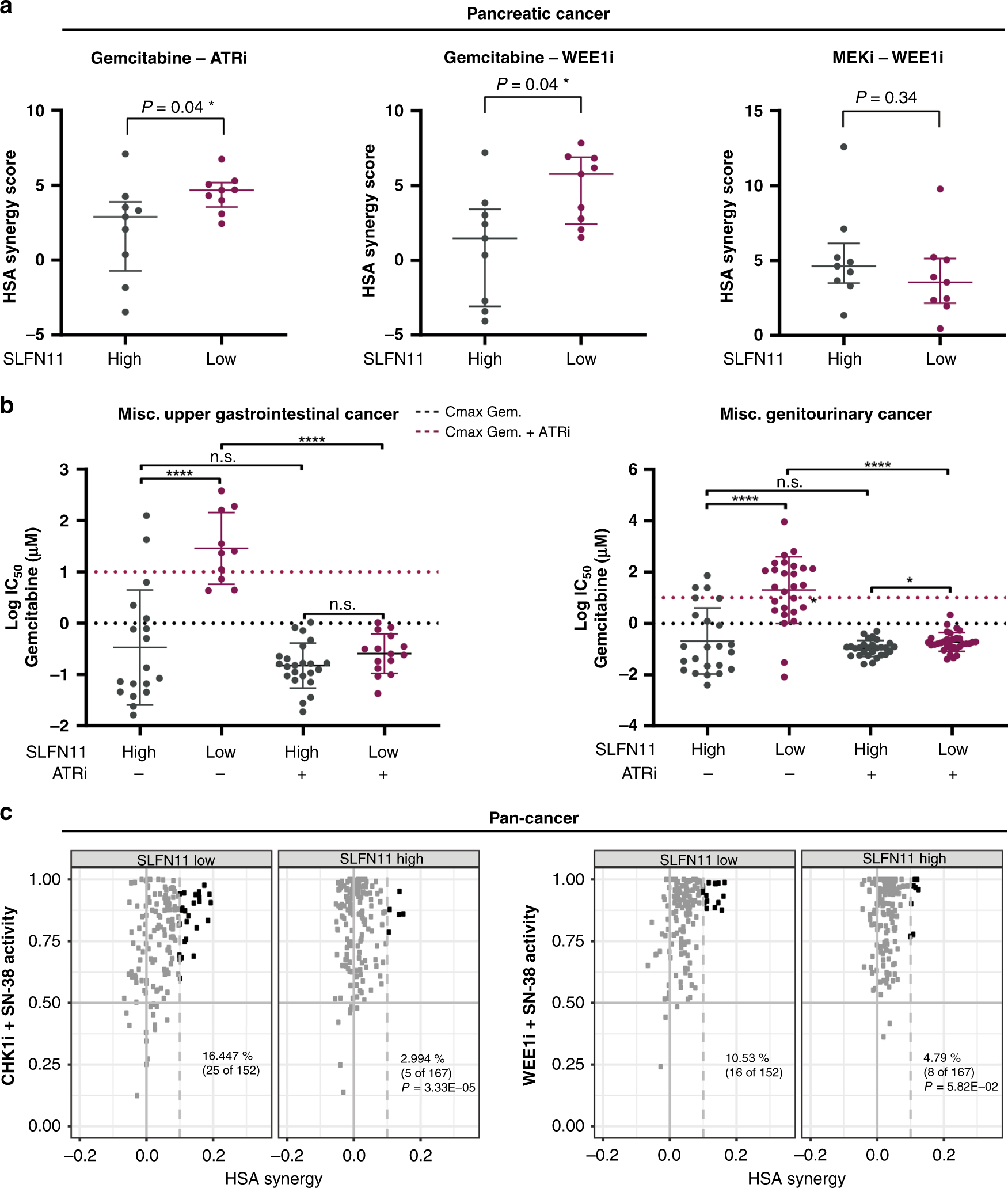 Fig. 6: Resistance to broad DDA in SLFN11 absent/low cancers (different cancer types) can be overcome by inhibition of ATR, WEE1 or CHK1.