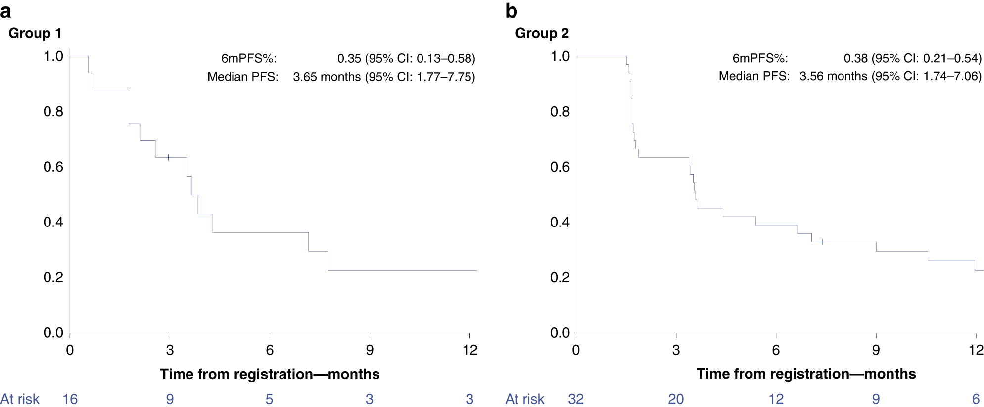 Fig. 1: Kaplan–Meier curves for progression-free survival (PFS) by group.