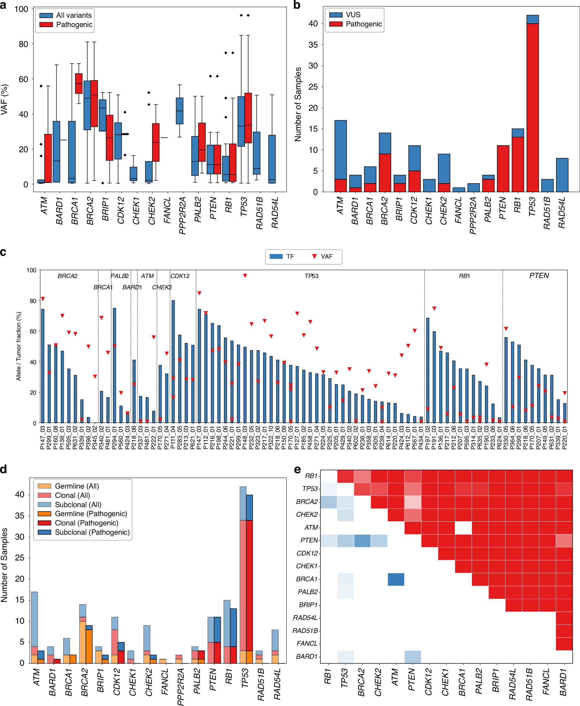 Fig. 2: Patterns of pathogenicity, clonality, and co-occurrence of HRD-associated alterations in cfDNA.