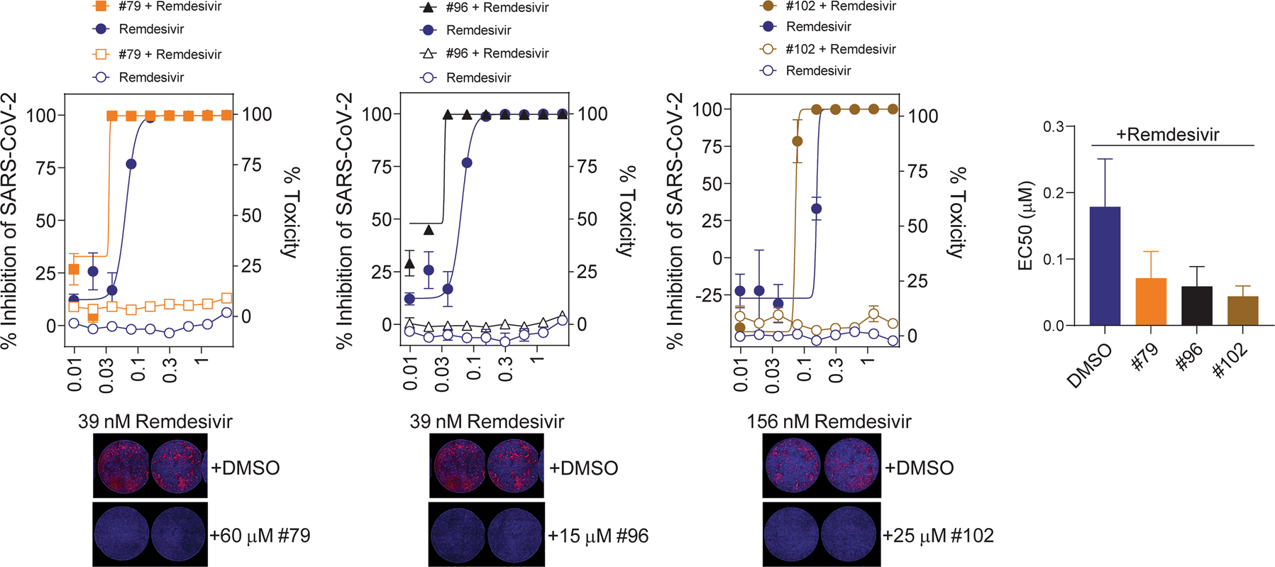 Fig. 4: Synergistic effect of select compounds with remdesivir using SARS-CoV-2 viral infection assay.