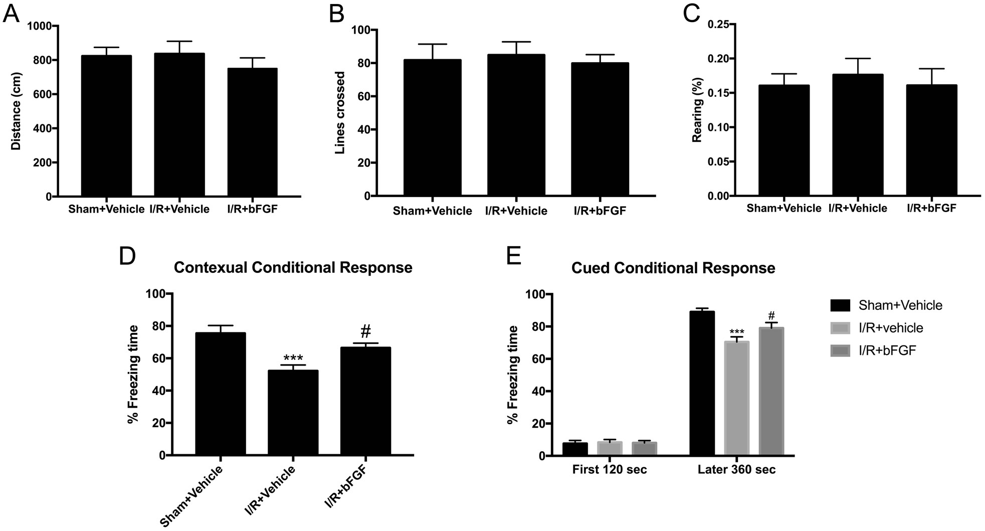Fig. 5: Effect of bFGF treatment on performances in the open field and fear conditioning tests.