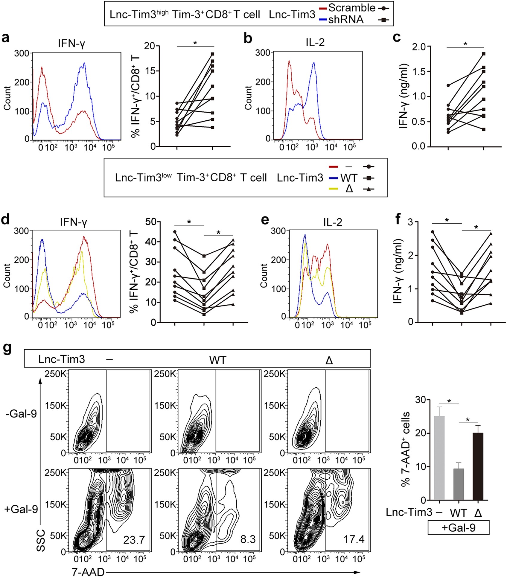 Fig. 3: Lnc-Tim3 suppresses CD8 T cell function and protects from galectin-9–mediated cell death.