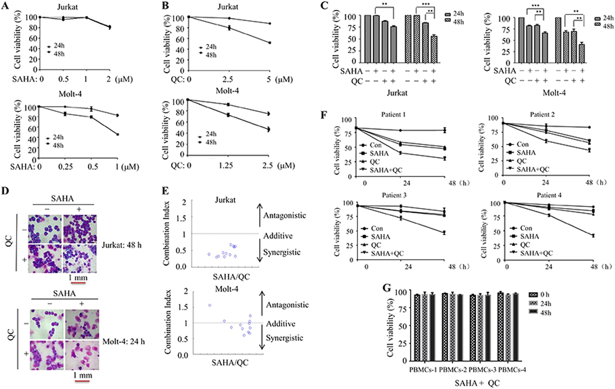 Fig. 1: QC enhances vorinostat-inhibited cell viability in T-ALL cells.