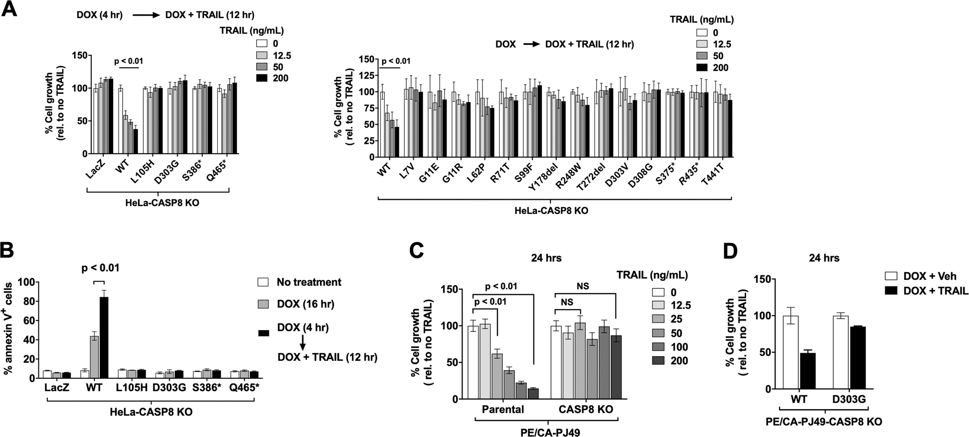 Fig. 3: HNSCC-associated caspase-8 mutants fail to mediate TRAIL-induced apoptosis with similar potency to WT caspase-8.