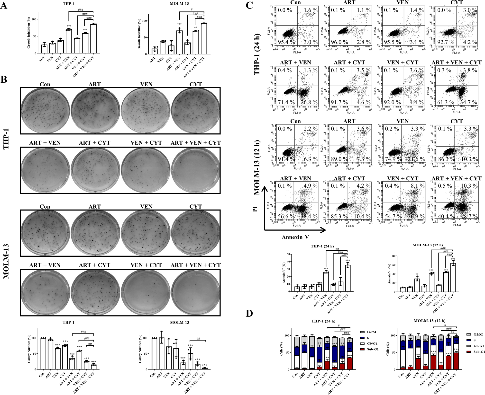 Fig. 4: The triple combination of venetoclax, artesunate, and cytarabine is more effective at inhibiting leukemia cell growth and inducing DNA damage.
