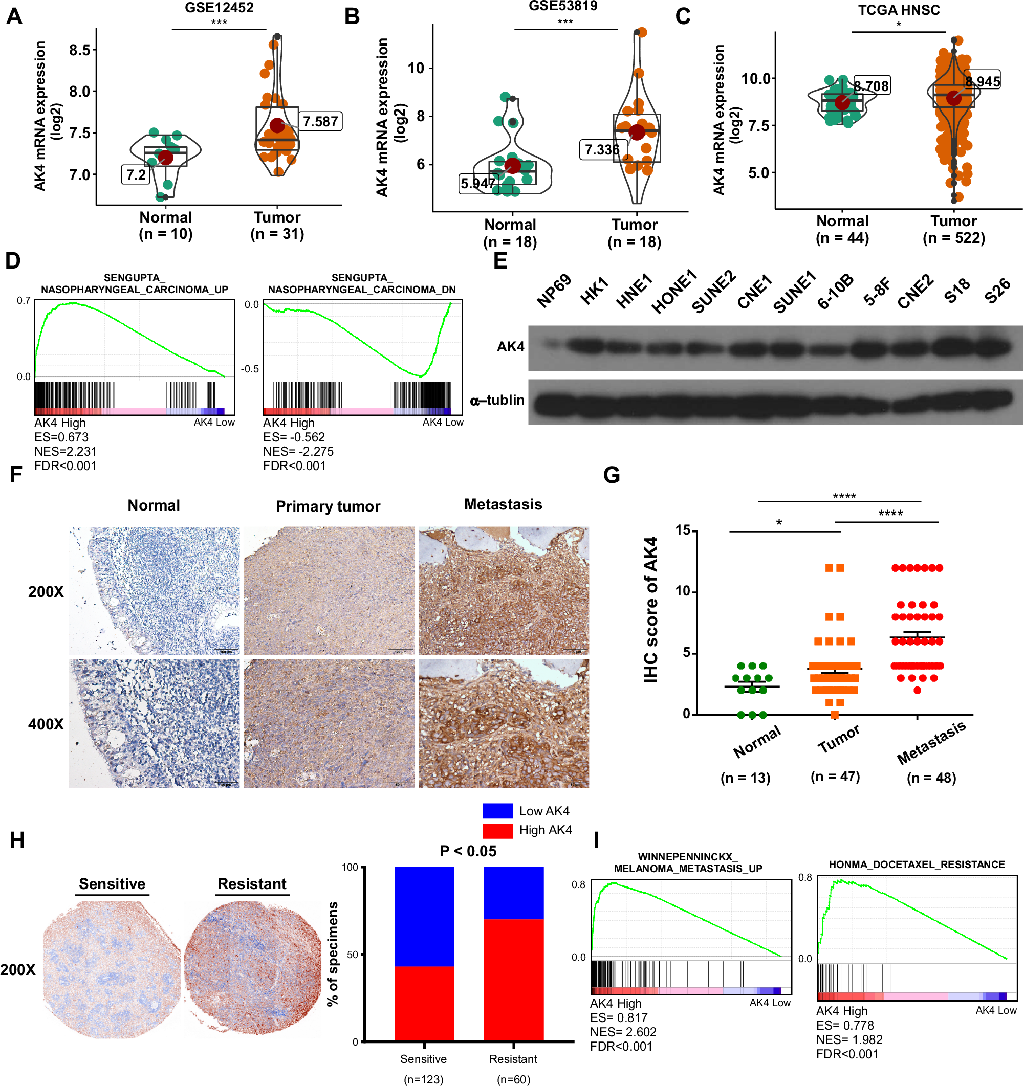 Fig. 1: AK4 is upregulated in nasopharyngeal carcinoma (NPC) and correlated with metastasis and chemoresistance.