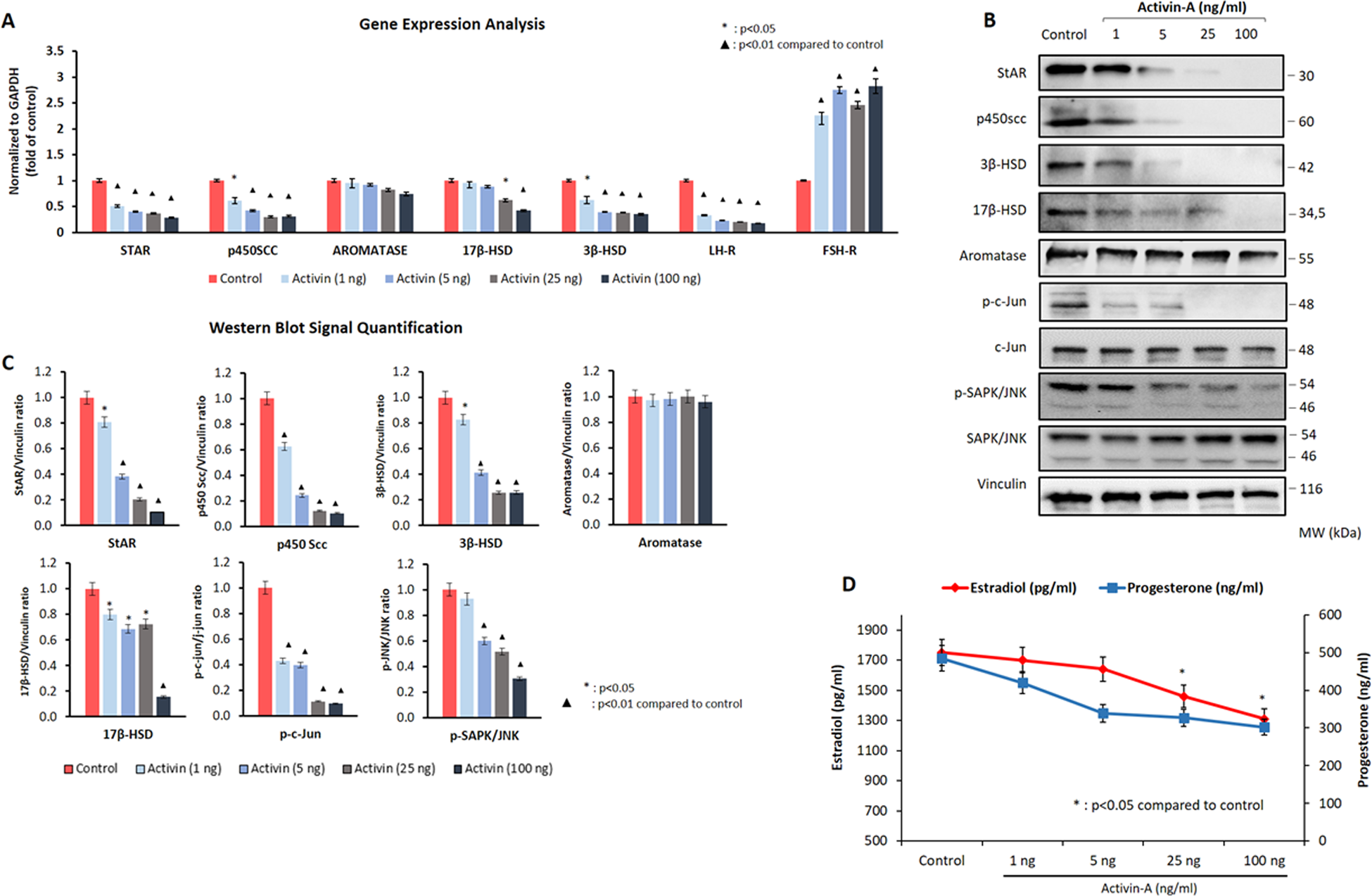 Fig. 1: The effect of activin-A on the luteal steroidogenic function and JNK expression in human luteal granulosa cells.
