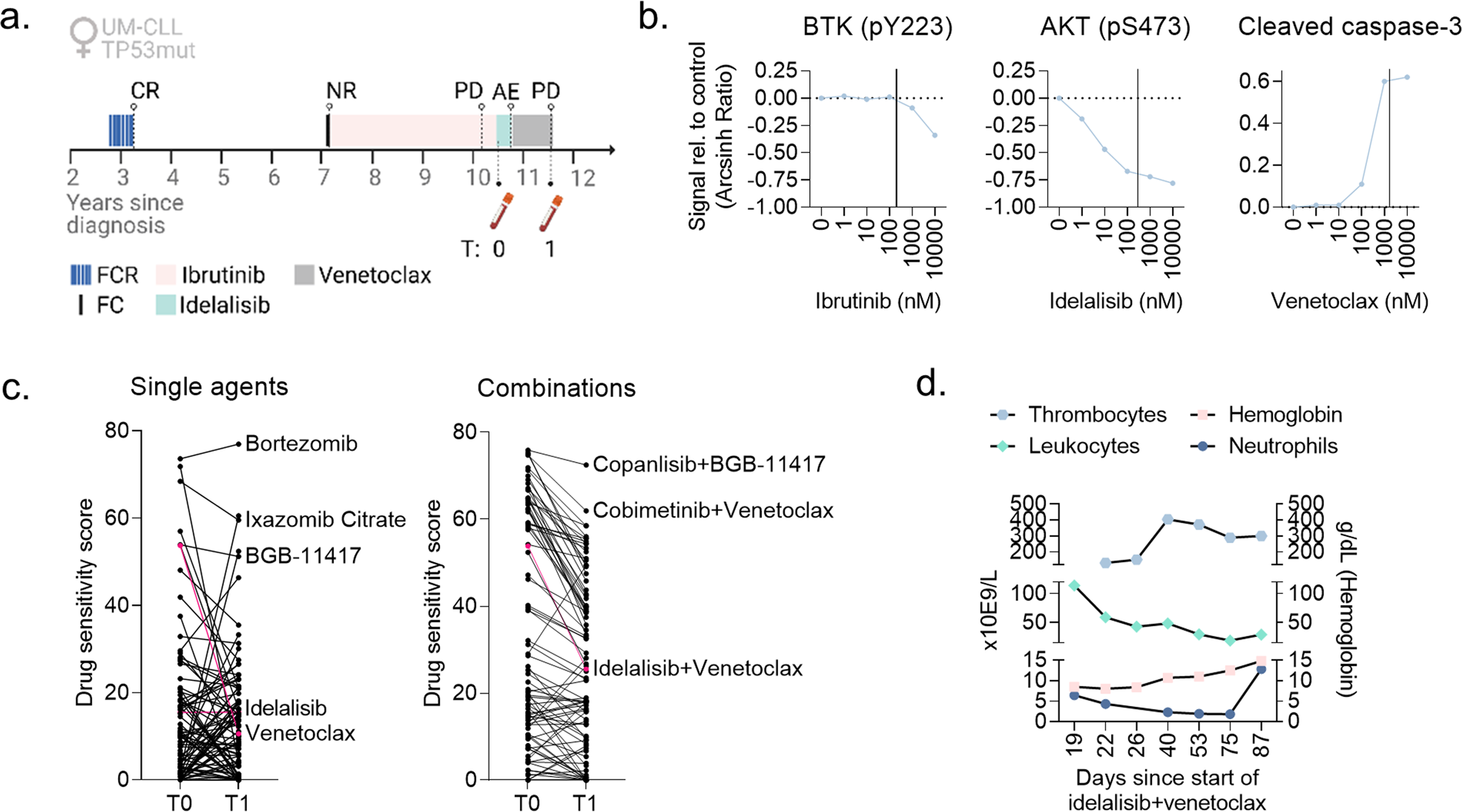 Fig. 3: Ex vivo drug sensitivity correlates with in vivo sensitivity in a CLL patient case and guides precision medicine.