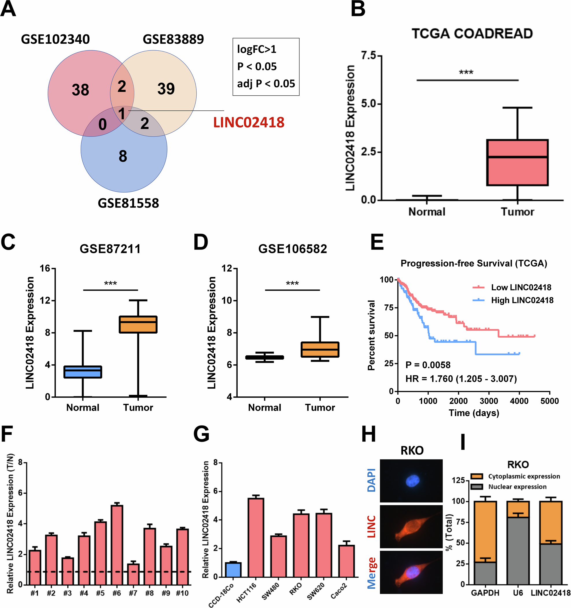 Fig. 1: LINC02418 is overexpressed in colorectal carcinoma and correlates with poor clinical outcomes.