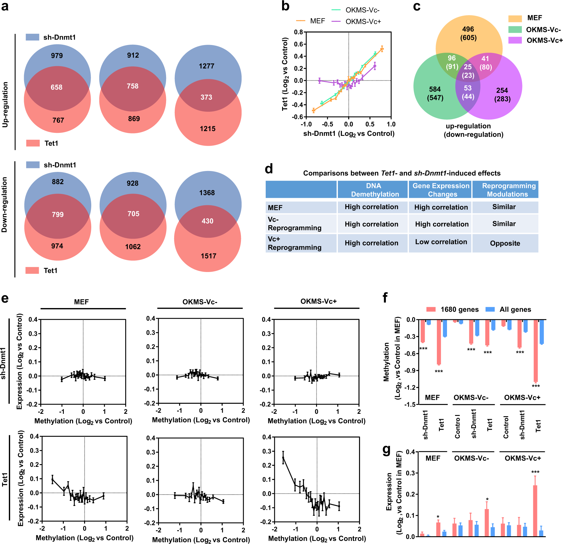 Fig. 3: Expression changes induced by sh-Dnmt1 and Tet1 do not correlate well with demethylation.