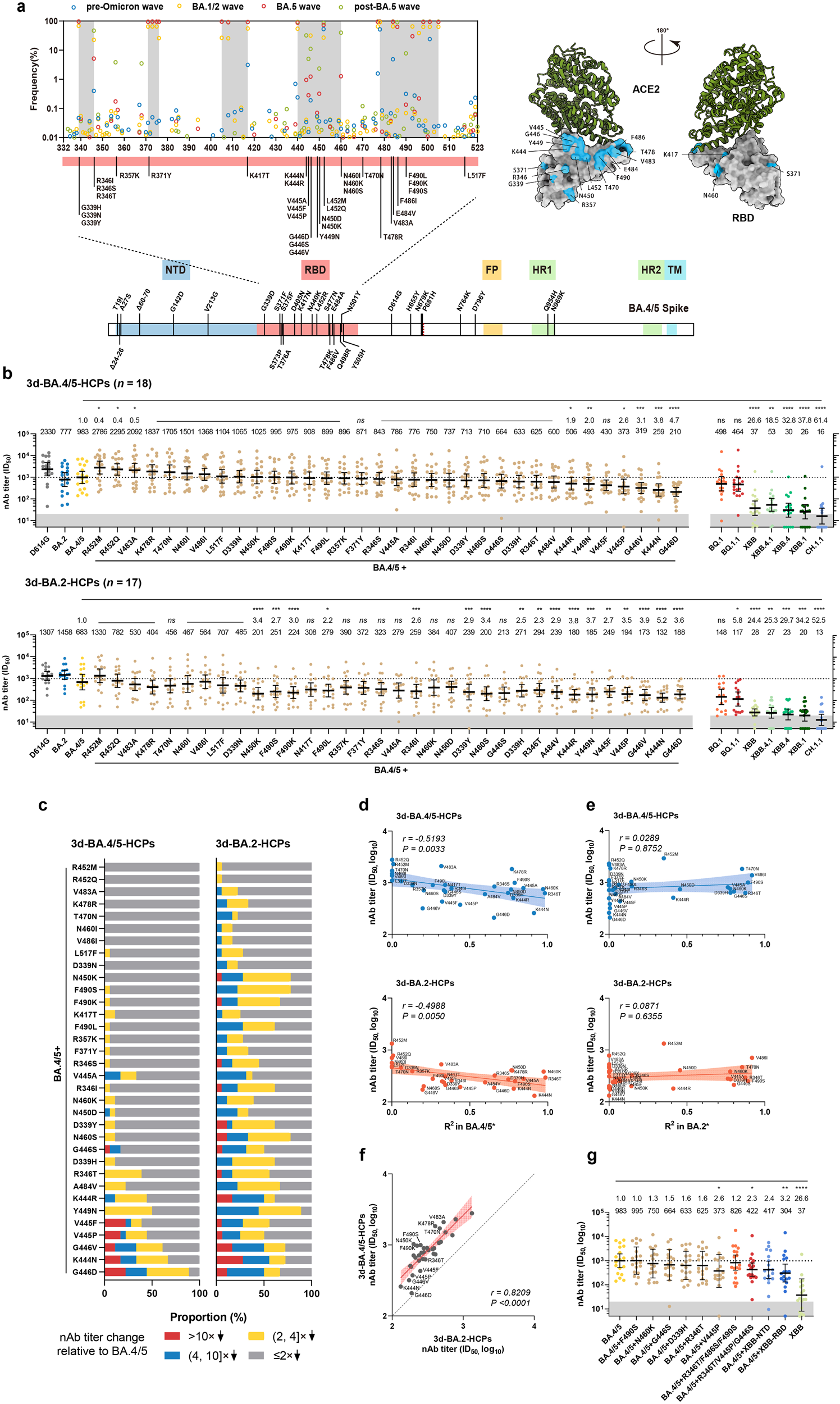 Fig. 1: Characterizations of additional mutations in the context of BA.4/5 to enhance virus evasion from antibodies of breakthrough infections.