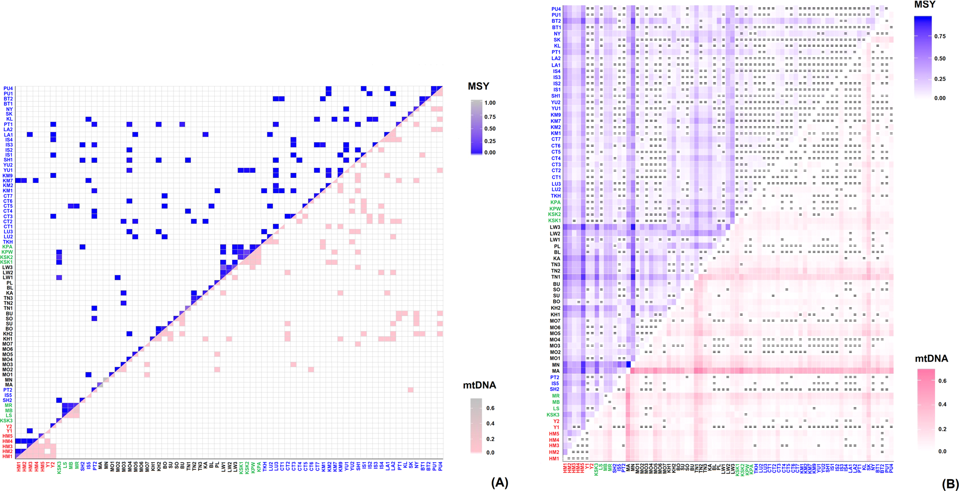 Fig. 3: Frequency of shared haplotypes and heat plot of Φst values.