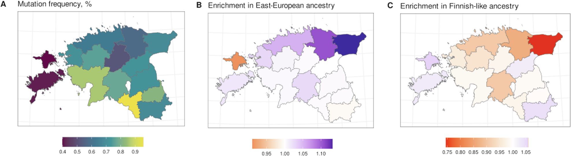 Fig. 4: Distribution of p.His1069Gln carriers by county of birth in Estonia.