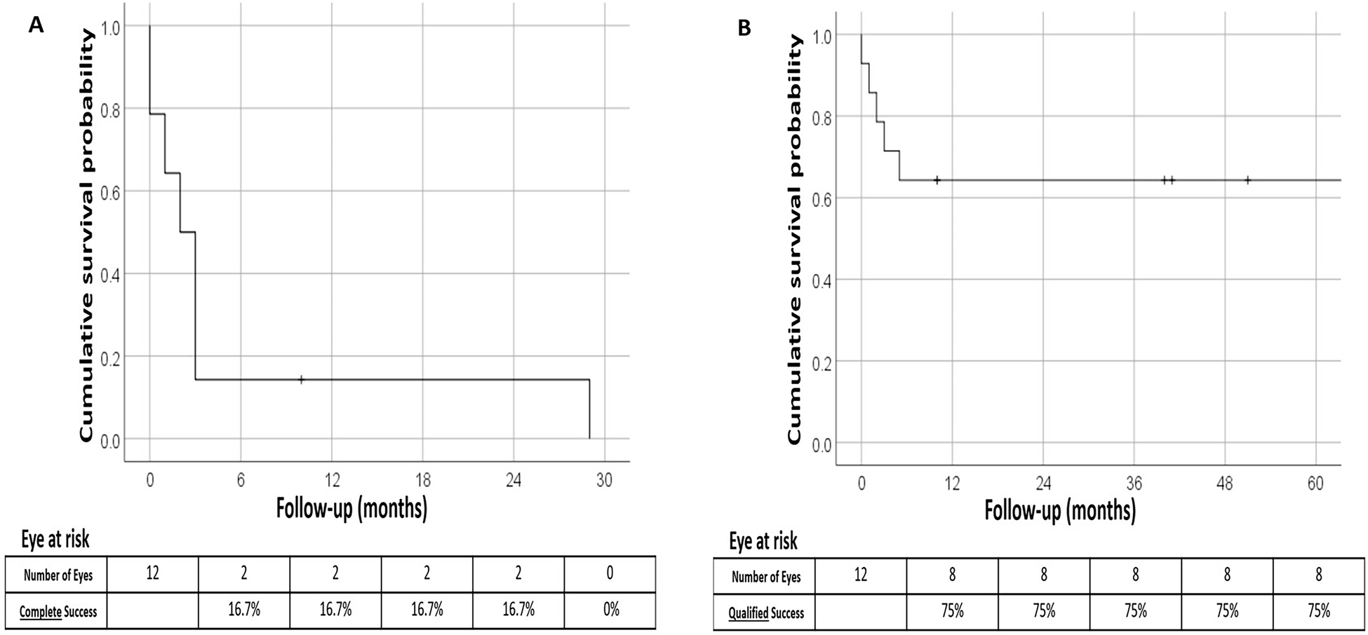 Fig. 1: Kaplan–Meier survival curves following glaucoma drainage device implantation in patients with glaucoma associated with cosmetic iris implants.