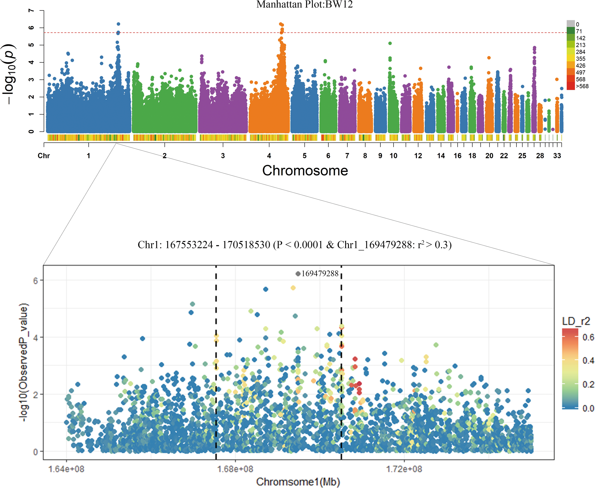 Fig. 5: Manhattan plot for BW12.