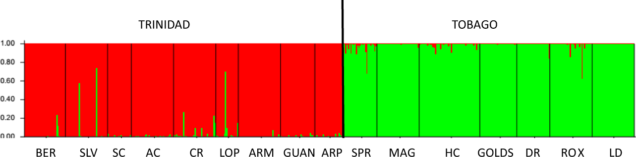 Fig. 2: STRUCTURE plot based on 15 microsatellite loci with the optimal number of clusters k = 2.