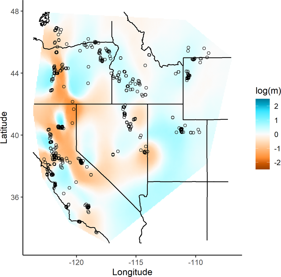 Fig. 4: Effective migration surface is based on 637 samples (i.e., excluding five samples from Colorado) typed at 31 autosomal microsatellites.
