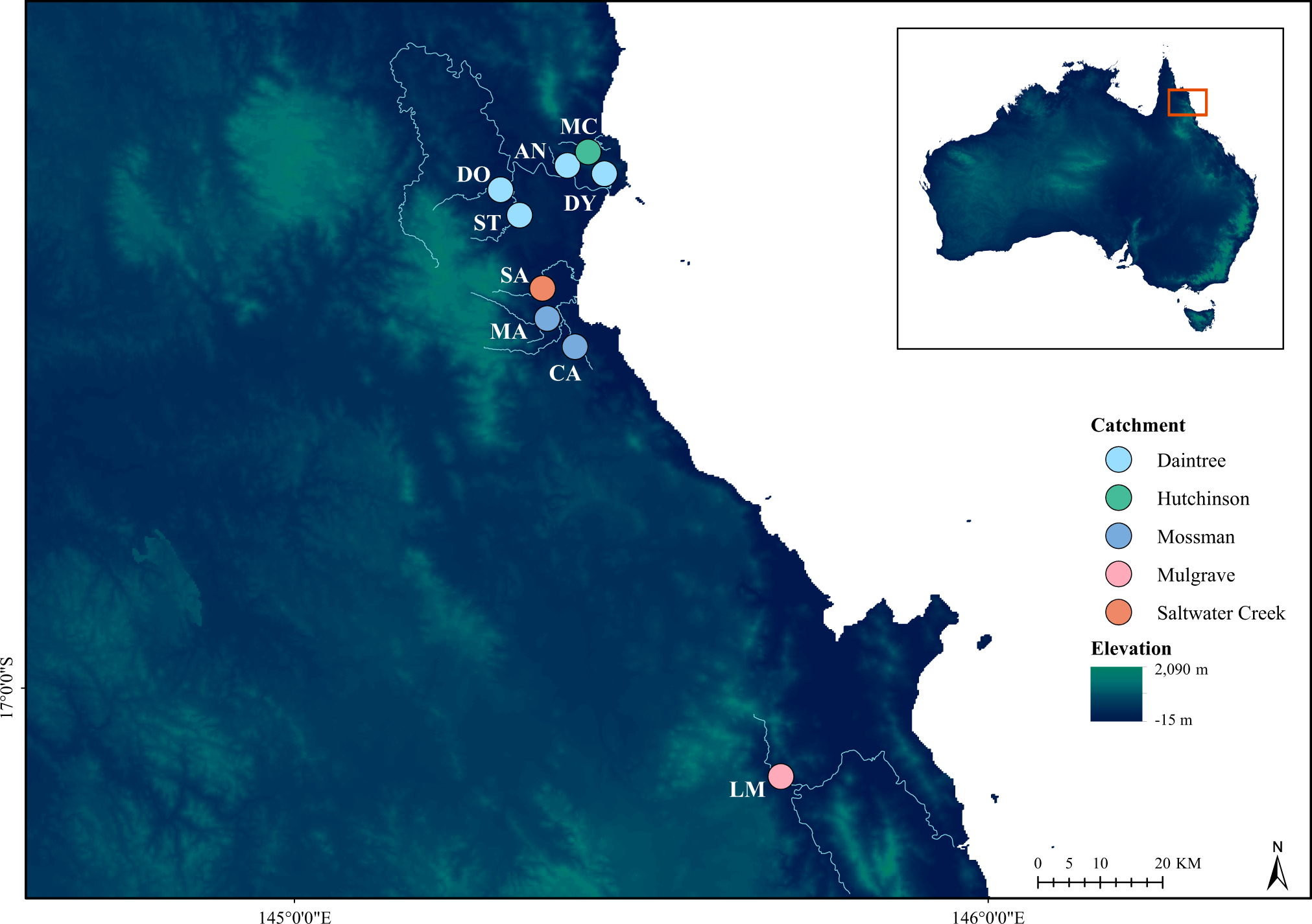 Fig. 1: Sampling location map of Melanotaenia splendida splendida collected from the Wet Tropics of Queensland.