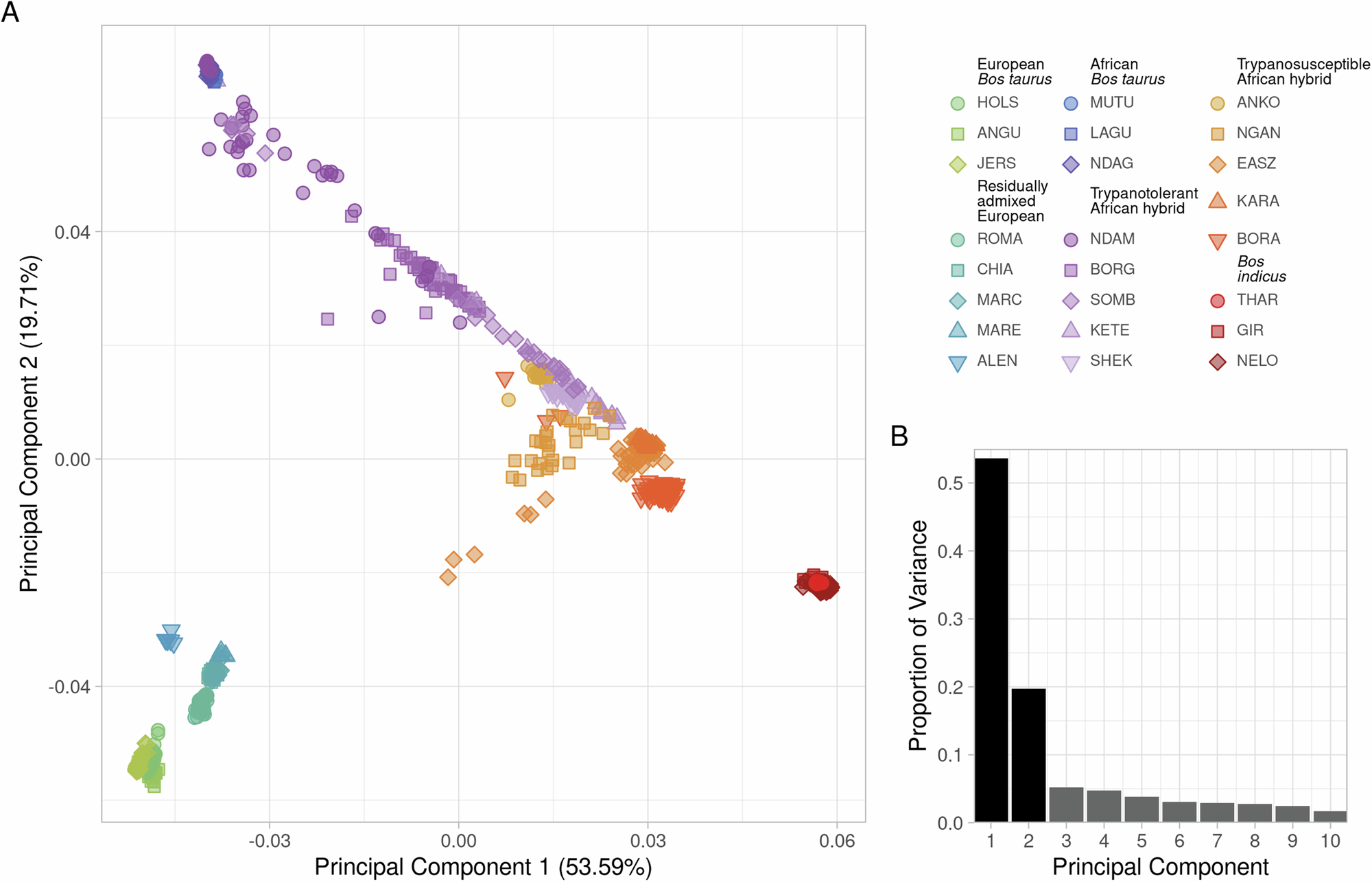 Fig. 2: Genetic diversity of Bos taurus, B. indicus, and hybrid B. taurus × B. indicus cattle.