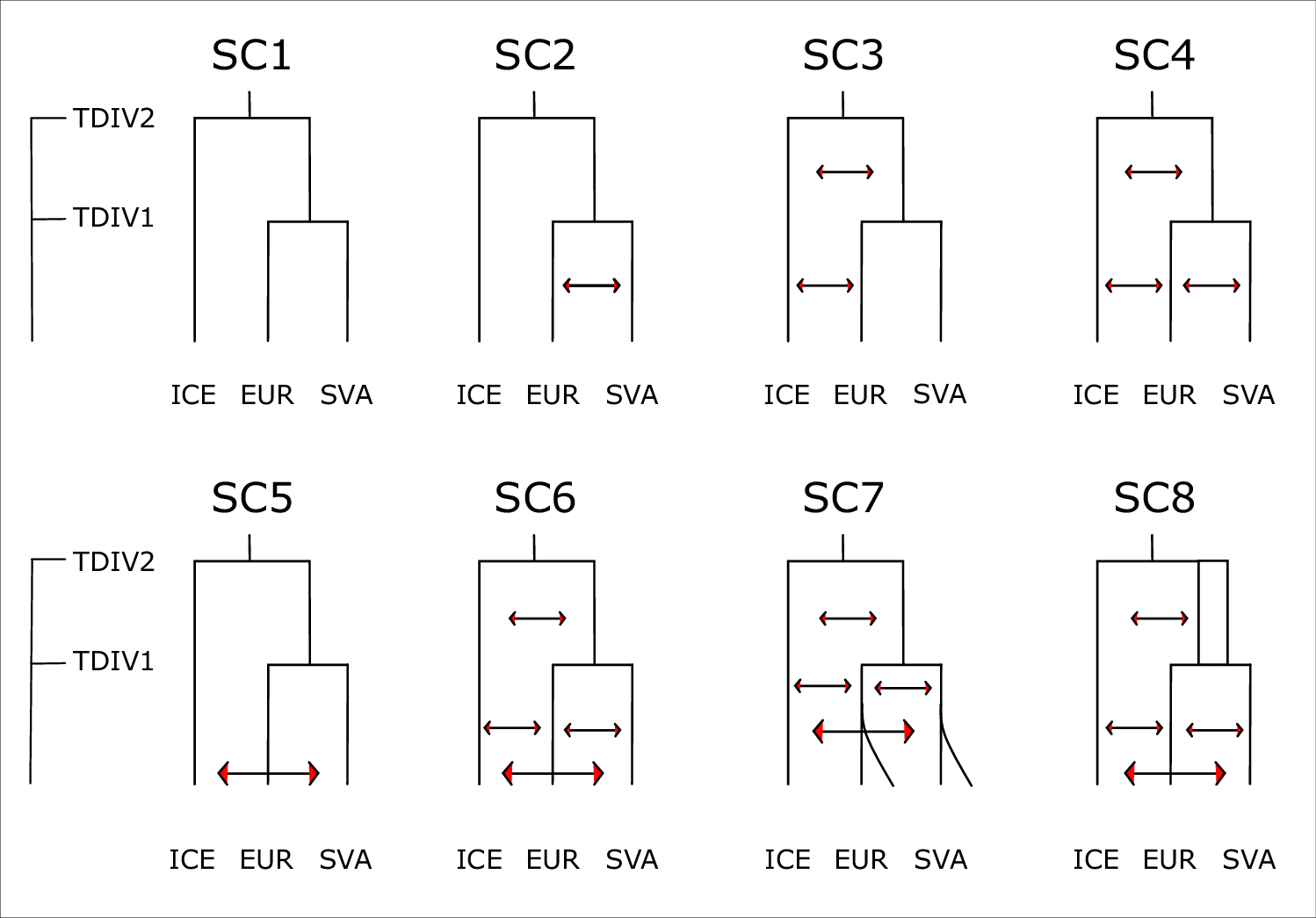 Fig. 4: Diagrams showing the eight demographic scenarios which were tested in fastsimcoal. SC1–SC6 were designed to test the likelihood of the exchange of genes between the different populations.
