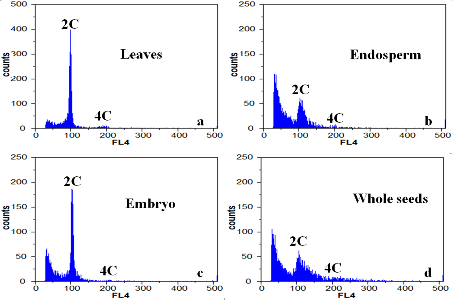 Fig. 2: Distribution of DNA contents in different tissues of Zanthoxylum bungeanum.