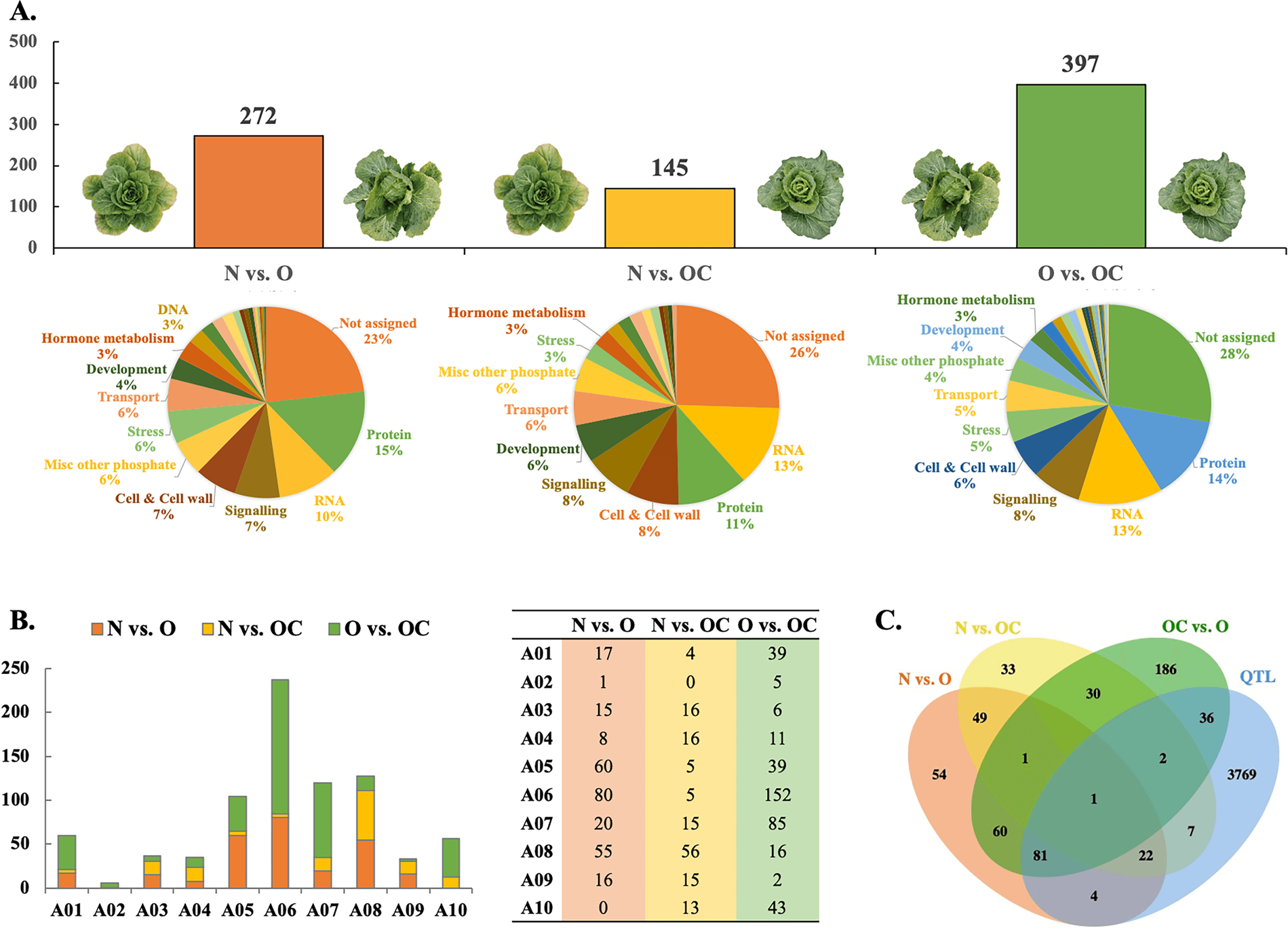 Fig. 3: Genes with significantly different SNP allele frequencies between different pools (N, OC, and O).
