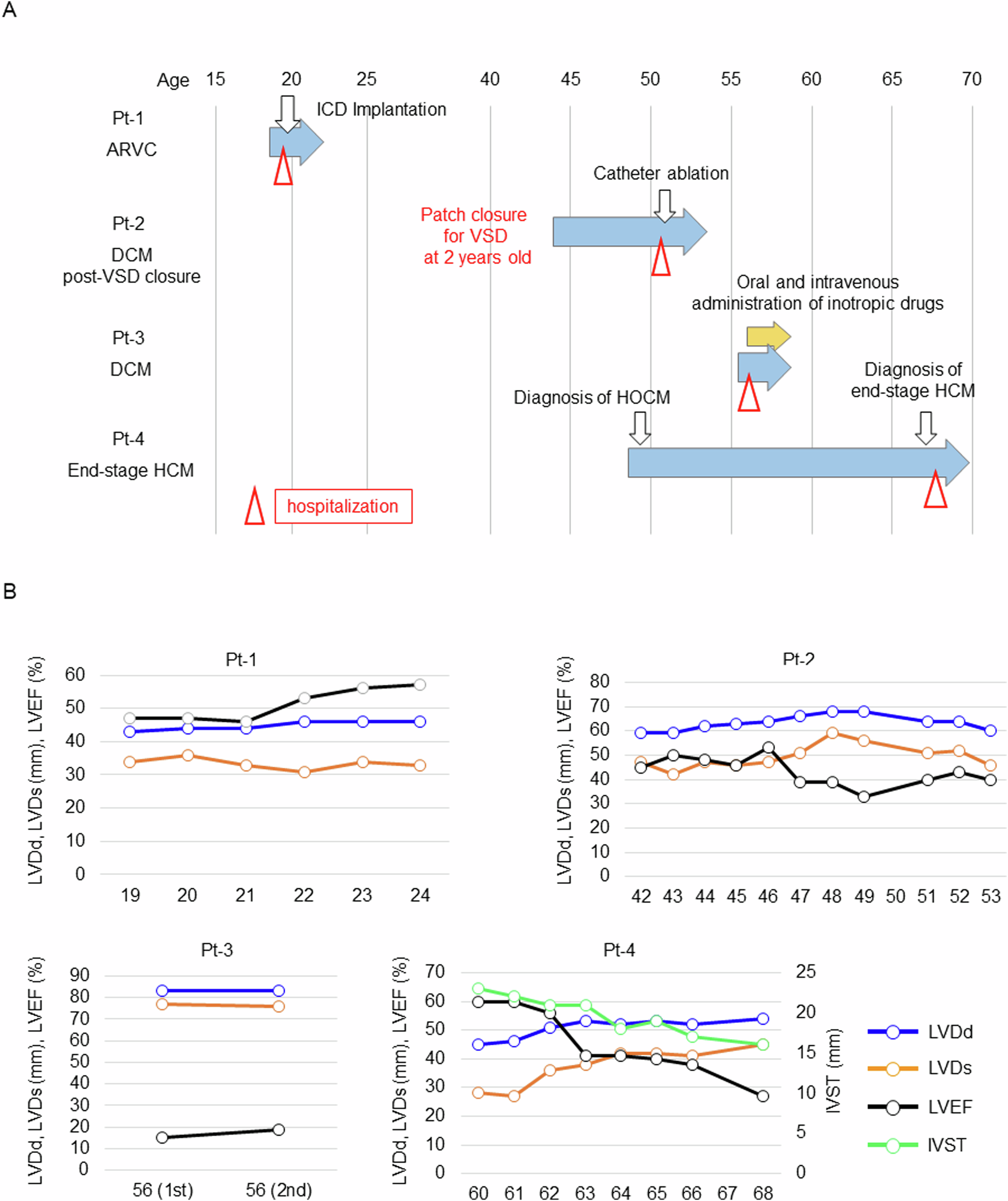 Fig. 2: Clinical courses and time courses of echocardiographic parameters of the four patients.