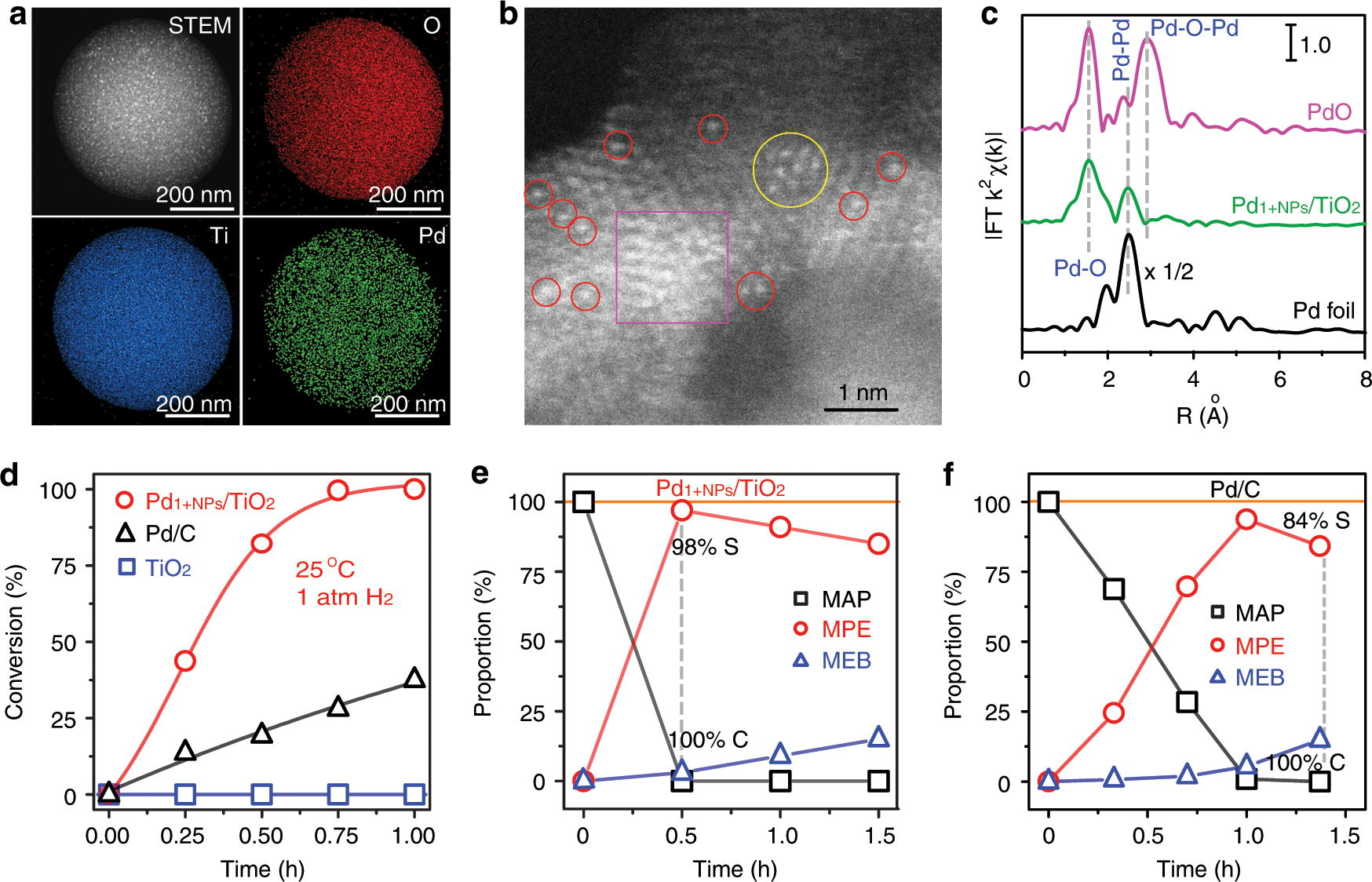 Fig. 2: Characterizations and catalytic performance of Pd1+NPs/TiO2.