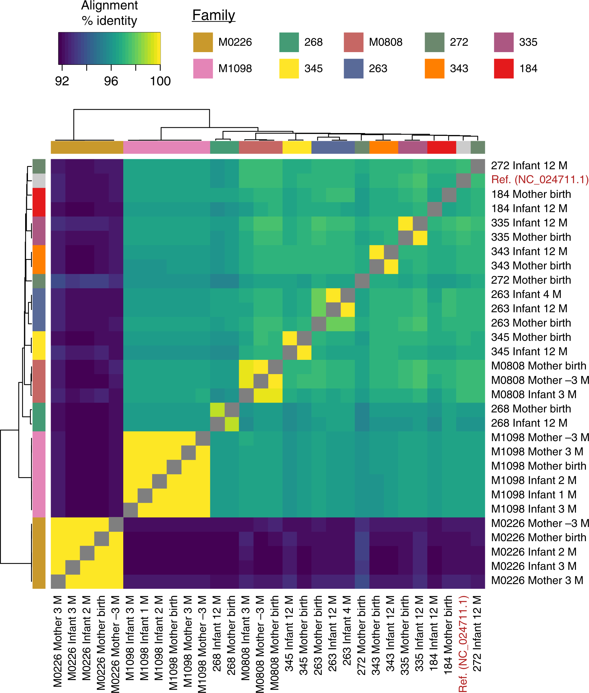 Fig. 1: Mother-infant pairs share > 99.7% similar p-crAssphage genomes in 6/10 cases.