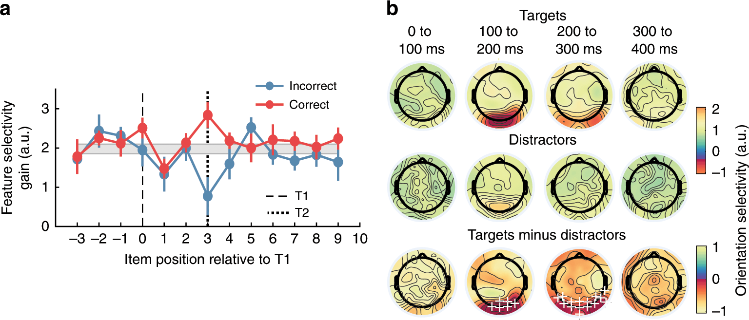 Fig. 8: Feature selectivity and scalp topographies for targets and distractors in Experiment 2.