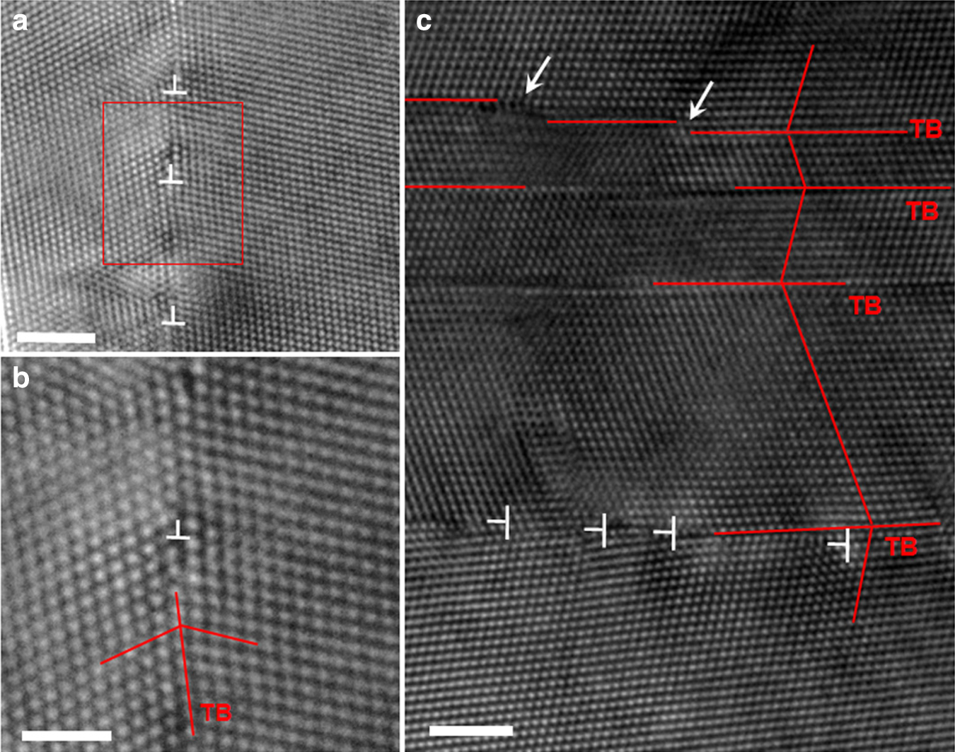 Fig. 2: The direct observation of switchover from partial dislocation in thinner twins to full dislocation in thick twins.