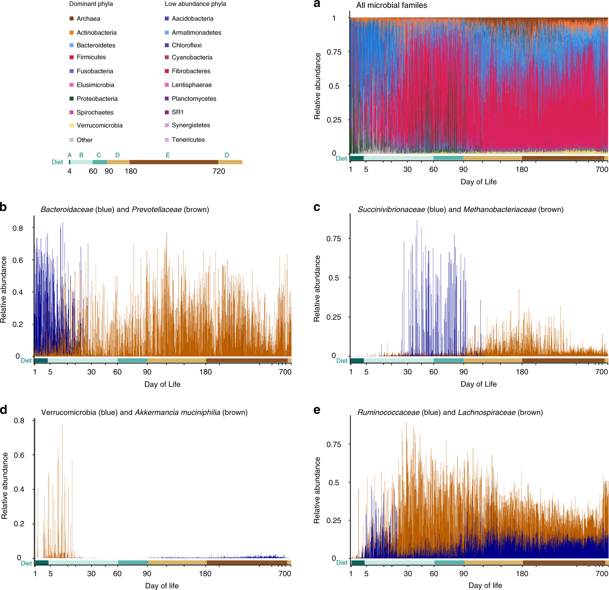 Fig. 2: Dynamics of the different microbial families is shaped by age and diet.