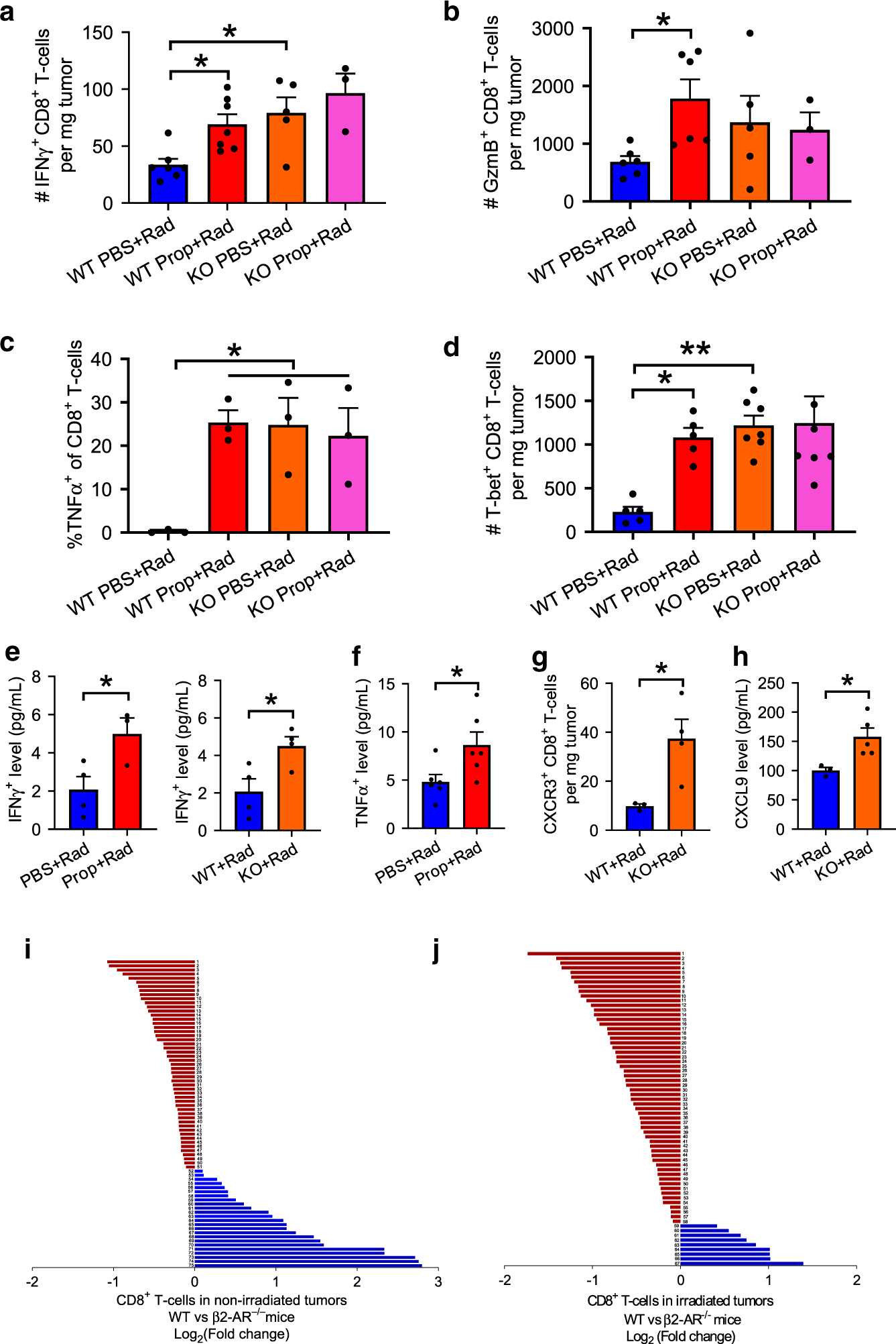 Fig. 3: Blocking/absence of β2-adrenergic signaling increases expression of genes involved in enhancing the cell-mediated anti-tumor immune response and T cell egress in non-irradiated CT26 tumors.