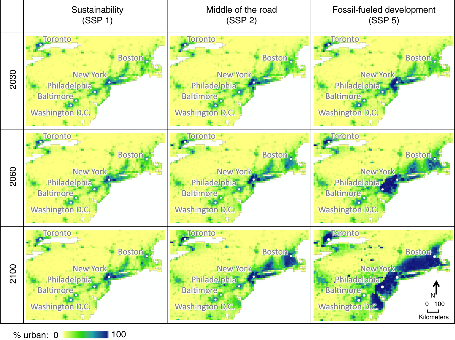 Fig. 5: Temporal pathways of urban expansion in northeastern United States under different scenarios.
