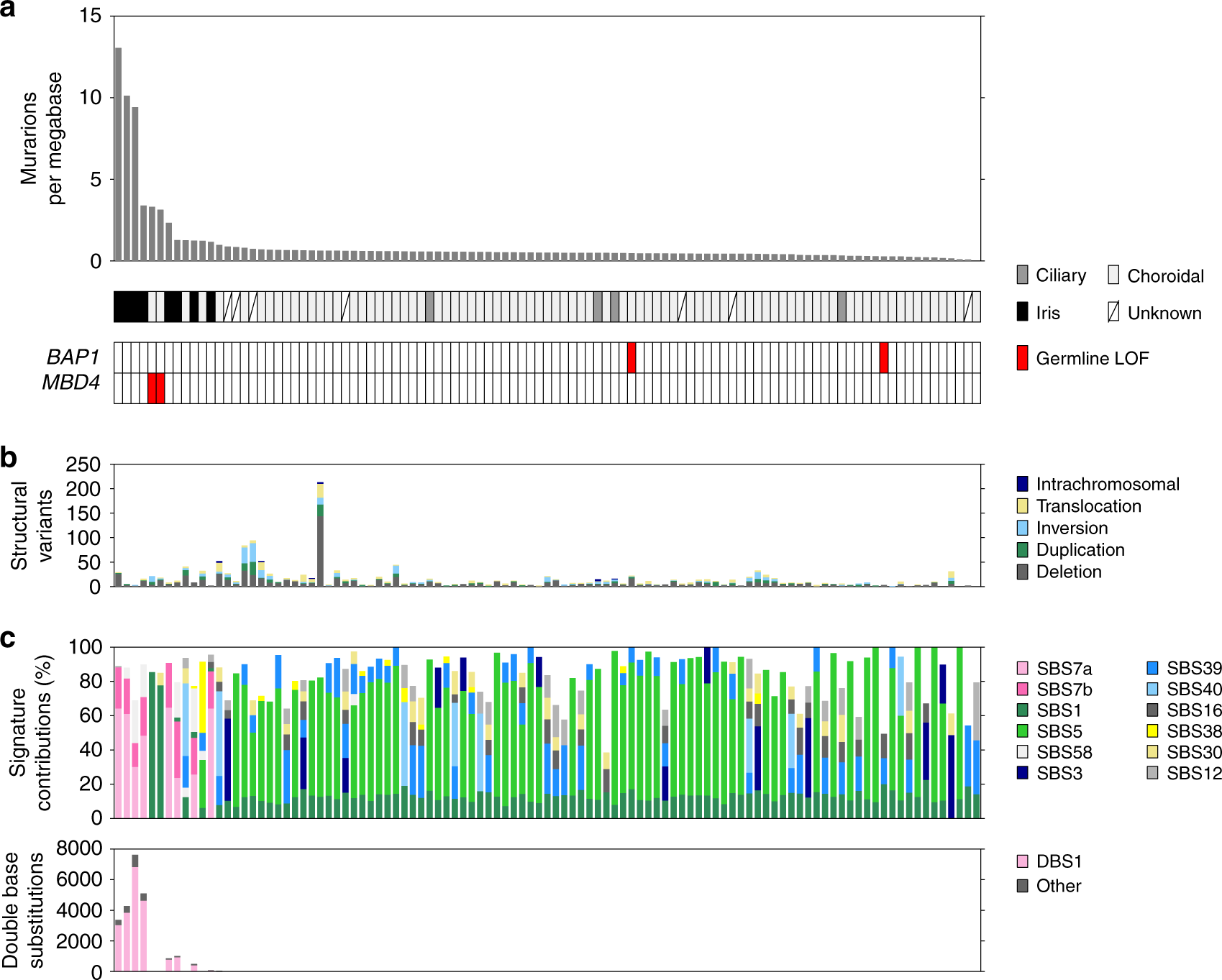 Whole genome landscapes of uveal melanoma show an ultraviolet radiation  signature in iris tumours | Nature Communications