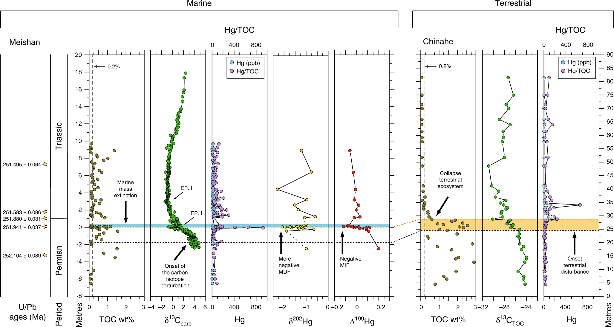 Late Permian (P.) to early Early Triassic (A) δ 13 C, (B) δ 238 U, and