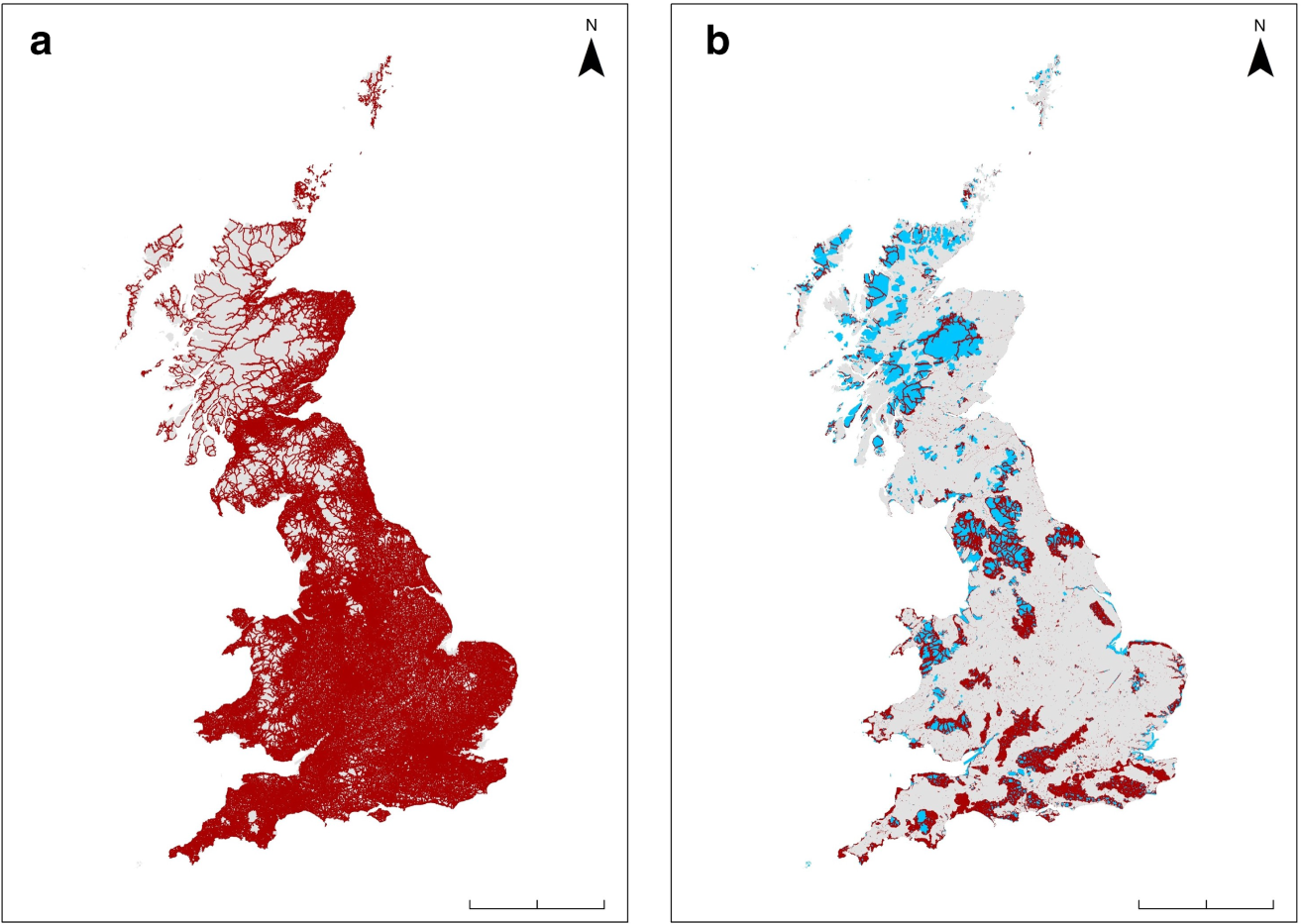 Fig. 7: Areas of Great Britain and terrestrial protected areas within 700 m of a road.