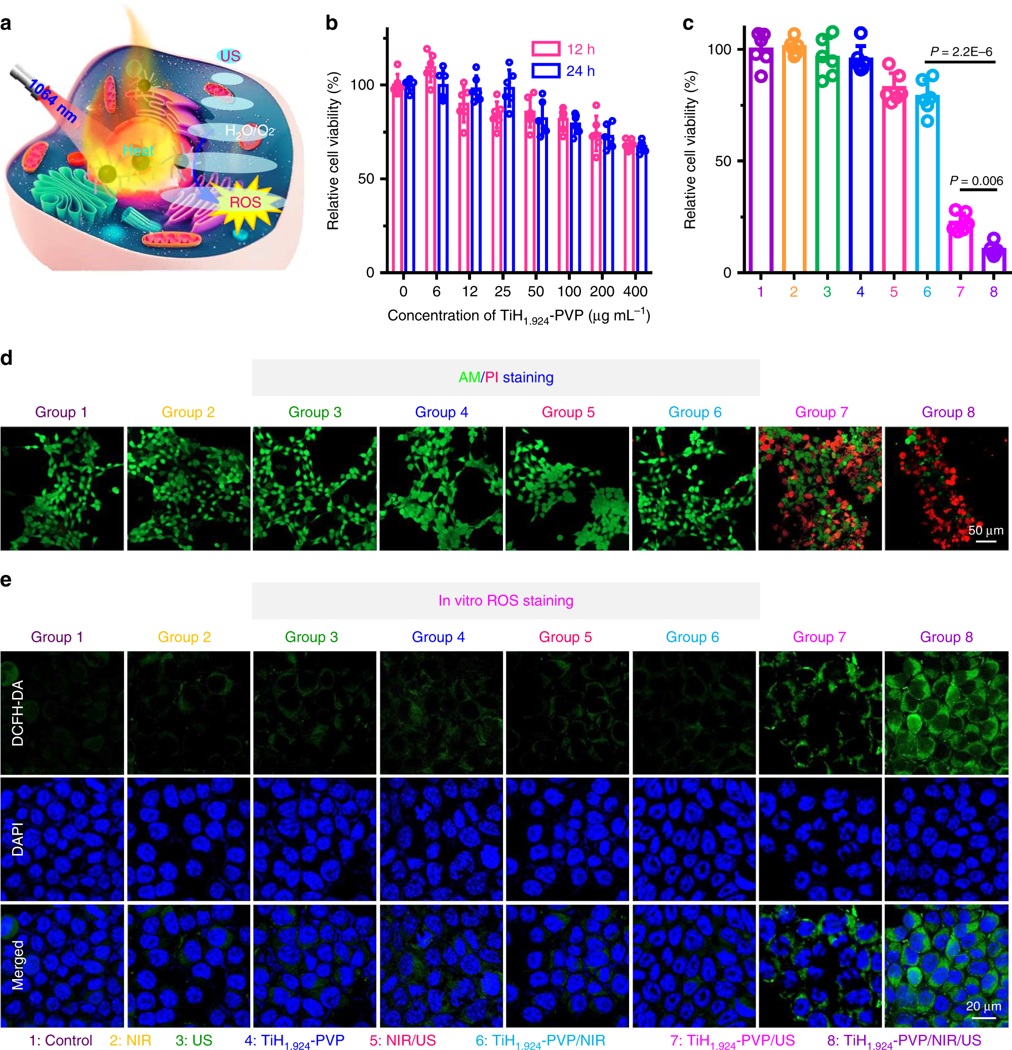 Fig. 4: In vitro mild PTT-enhanced SDT via TiH1.924-PVP.