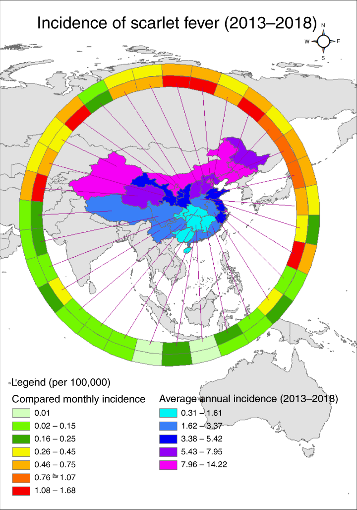 Fig. 8: Comparison of spatiotemporal distribution of scarlet fever cases during summer and winter holidays and school terms in China, 2013–2018.