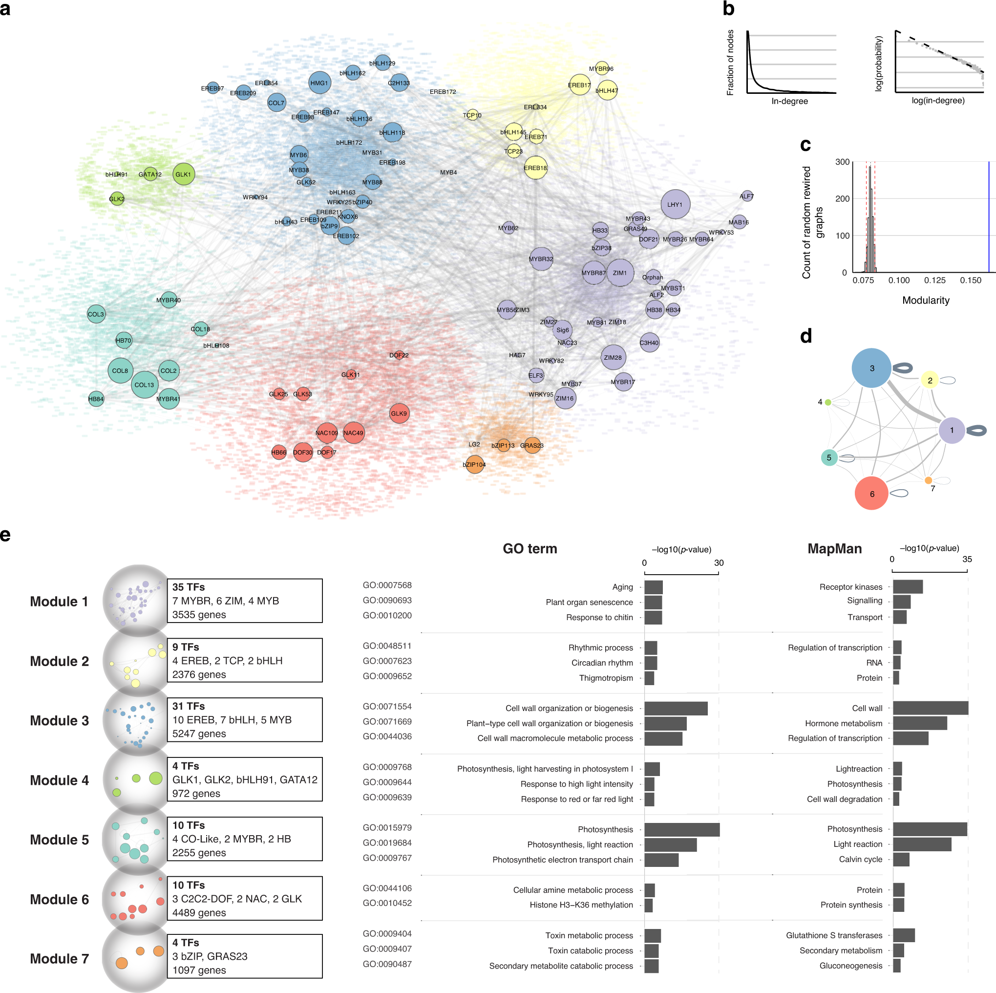 Fig. 4: The maize transcription regulatory network exhibits properties of real-world networks.