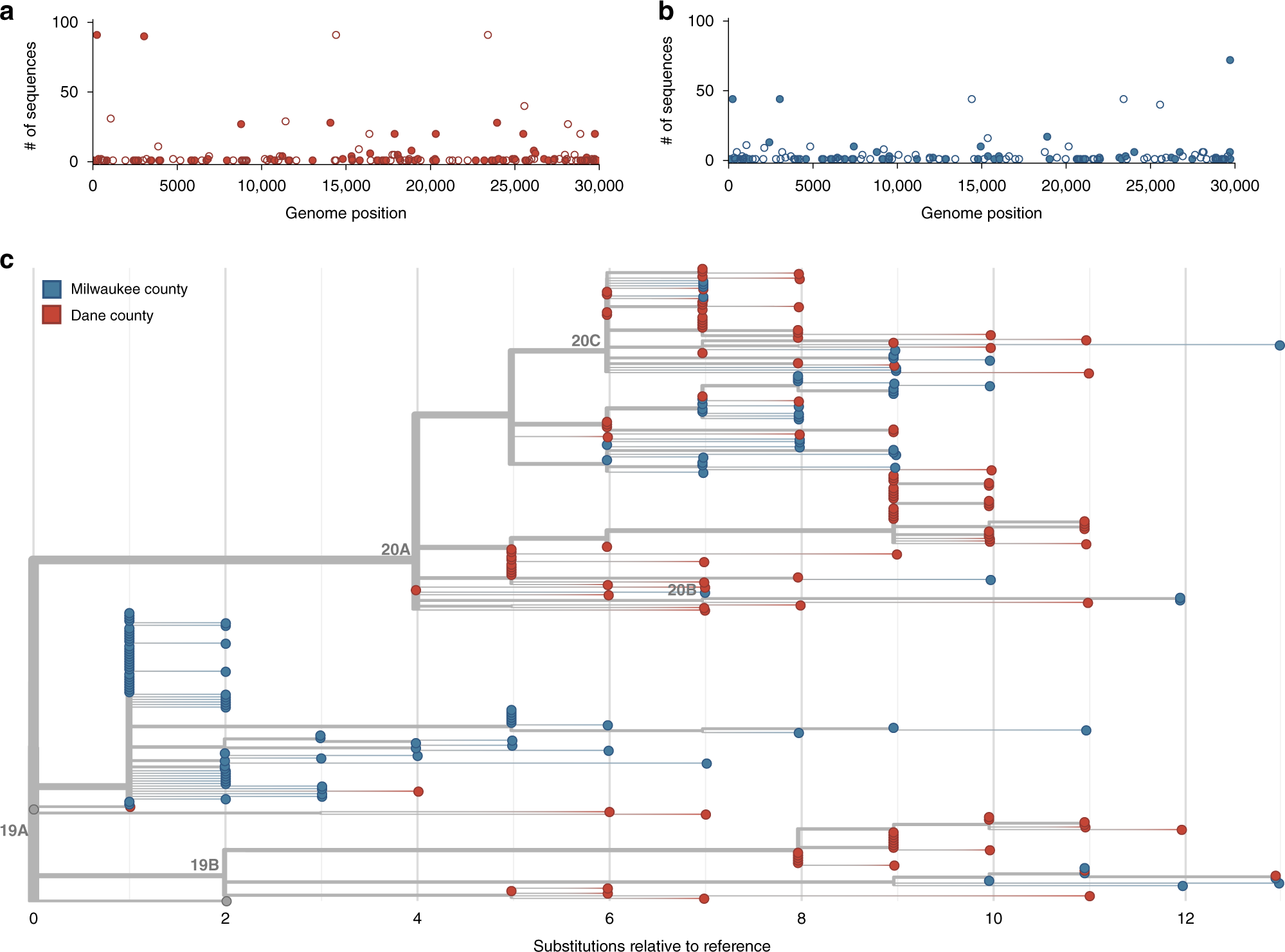 Fig. 2: Characterizing consensus-level variants and sequence divergence among Dane and Milwaukee county sequences.