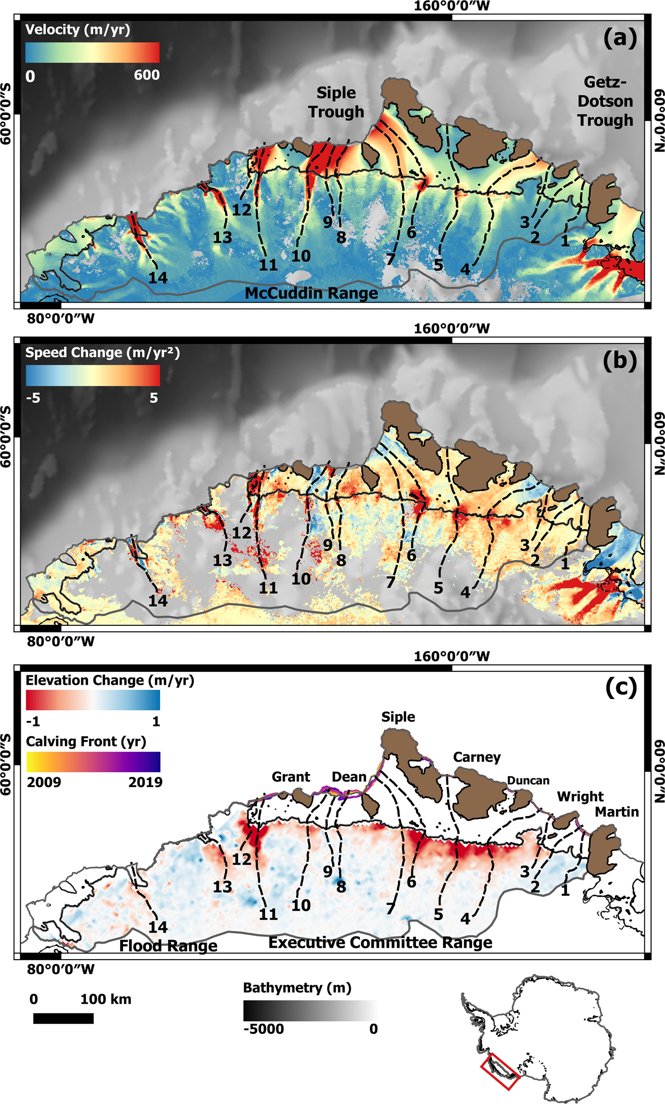 Fig. 1: Ice speed, speed change and thinning over the Getz basin.