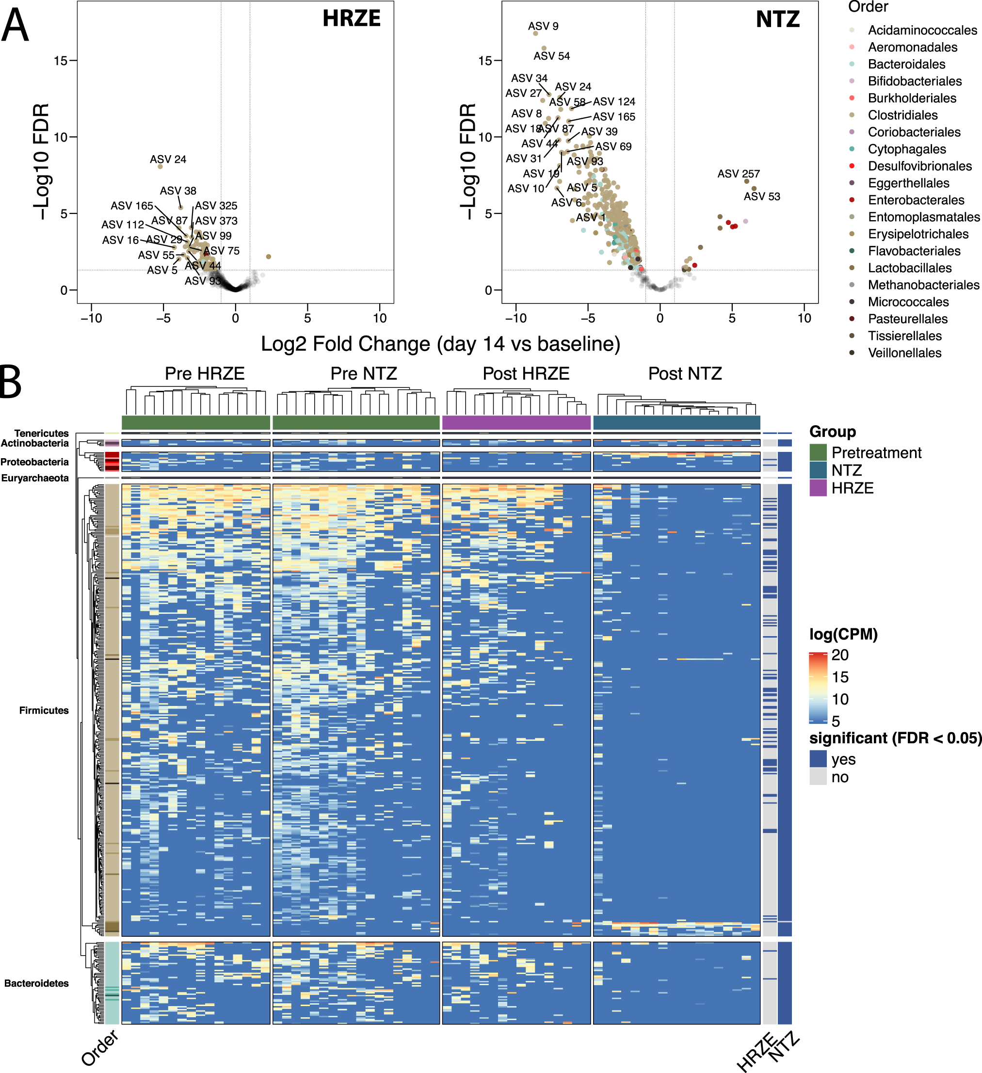 Fig. 3: Overlapping and distinct microbiome perturbation induced by NTZ and HRZE.