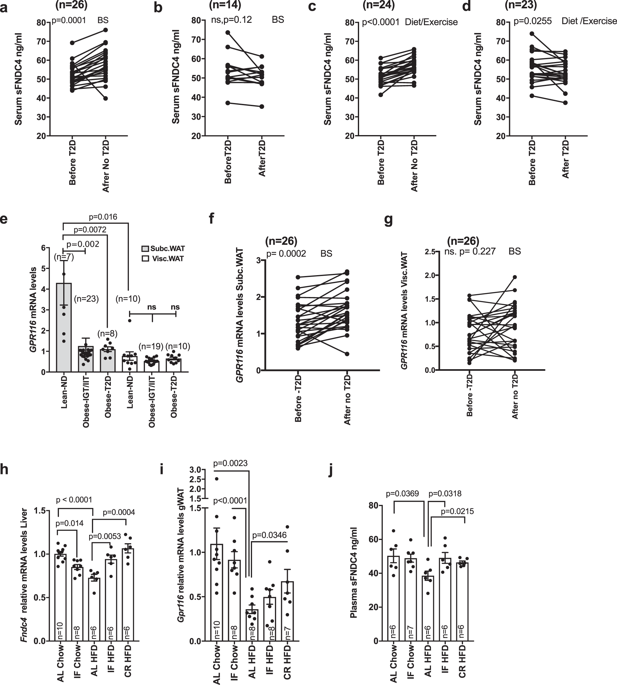 Fig. 7: FNDC4–GPR116 axis response to anti-diabetic interventions in humans and mice positively correlates with improvements in insulin sensitivity after the intervention.